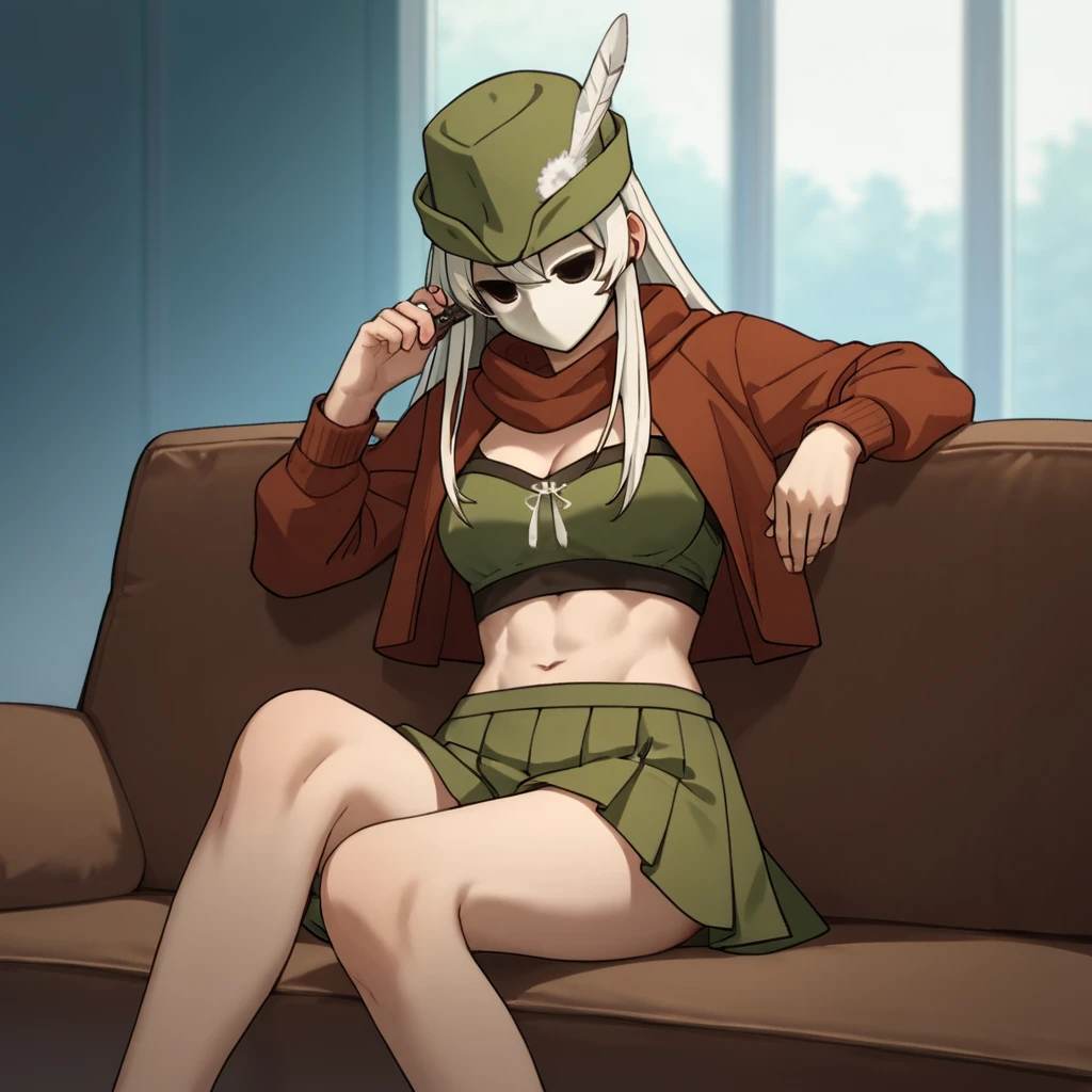 score_9, score_8_up, score_7_up, score_6_up, score_5_up, score_4_up, source_anime,  WeißeFeder, mask, green hat, white feather, green skirt, sitting, couch, relaxing