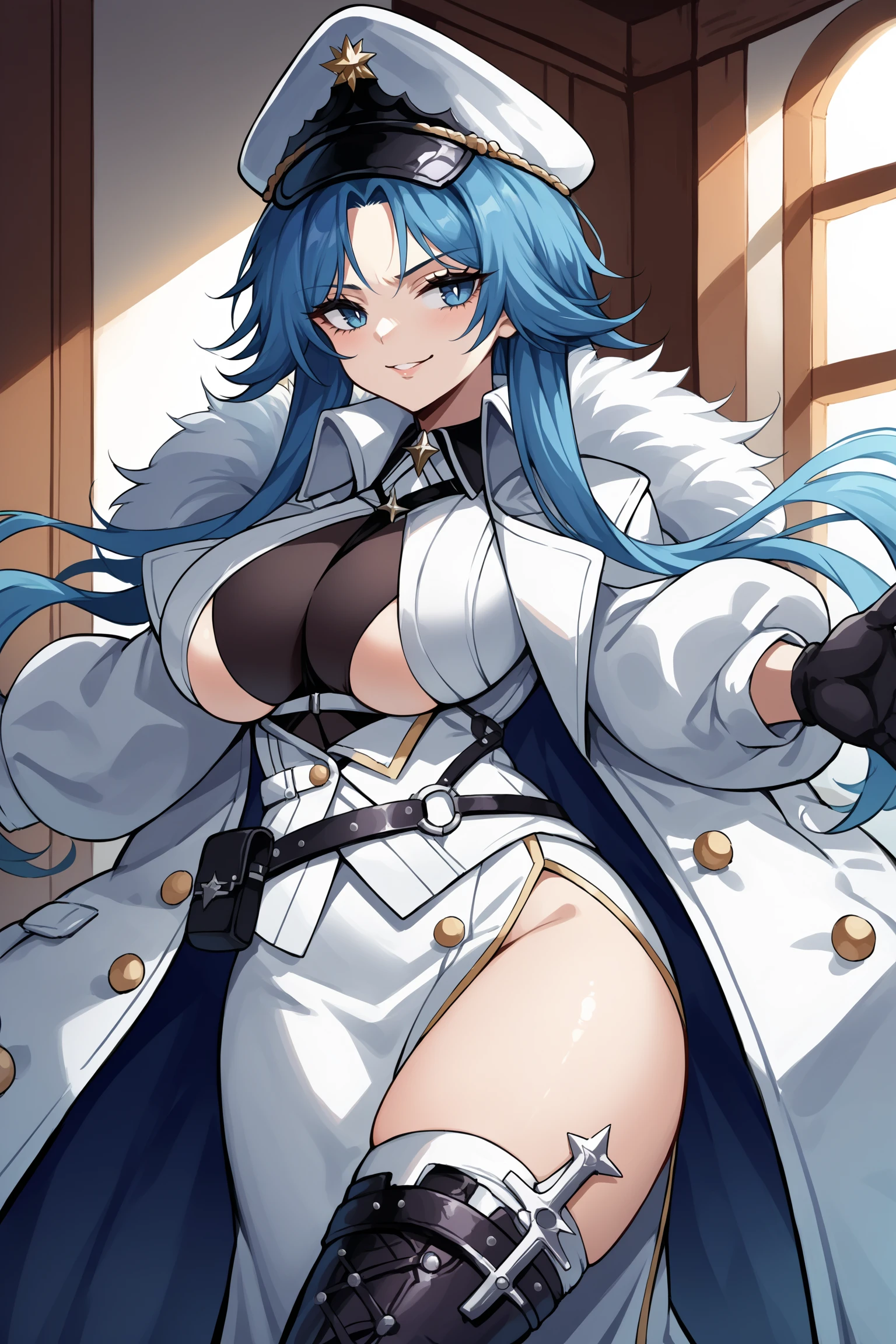 ((masterpiece, best quality)), (1girl),((mature female)), lightblue hair,thighhighs, hairband, thighs, long sleeves, gloves,  bangs, dark golden yellow eyes, medium hair, leotard, hair ornament, black hairband, shoulder cutout, black thighhighs, blue necktie, (large breasts:1.2), (busty),armpits, tying hair,curvy,cleavage,confident, [wide hips],snowing,nature, eula \(genshin impact\), pov