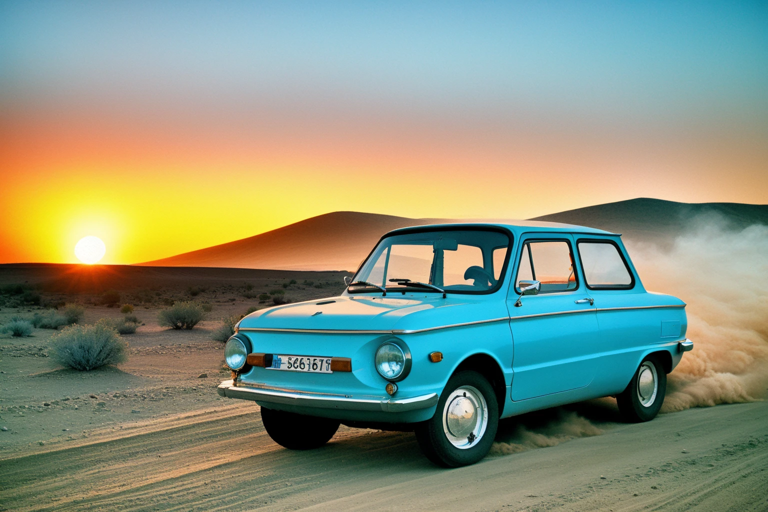 analog photo, supercharged zaz968, mojave desert road, sandstorm, sunset, volumetric lighting, edge lighting, best quality, highly detailed, <lora:Zaz968:0.8>,