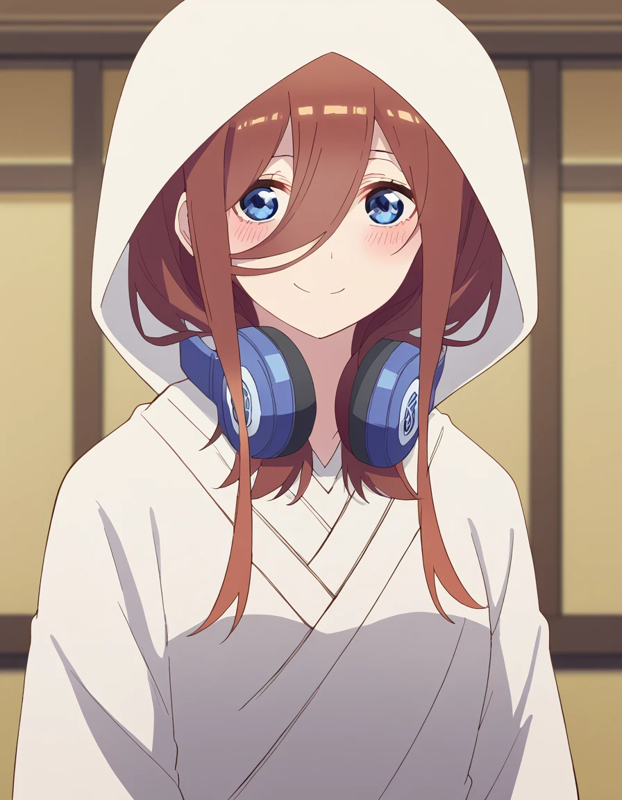 score_9, score_8_up, score_7_up, source_anime, mikunakano, <lora:miku-nakano-s2-ponyxl-lora-nochekaiser:1>, miku nakano, long hair, bangs, blue eyes, brown hair, hair between eyes, headphones, headphones around neck,, <lora:uchikake-ponyxl-lora-nochekaiser:1>, uchikake, wataboushi, shiromuku, white kimono, hooded kimono, bride, japanese clothes, hood,, indoors, wedding, smile, blush,, cowboy shot, dutch angle, looking at viewer,