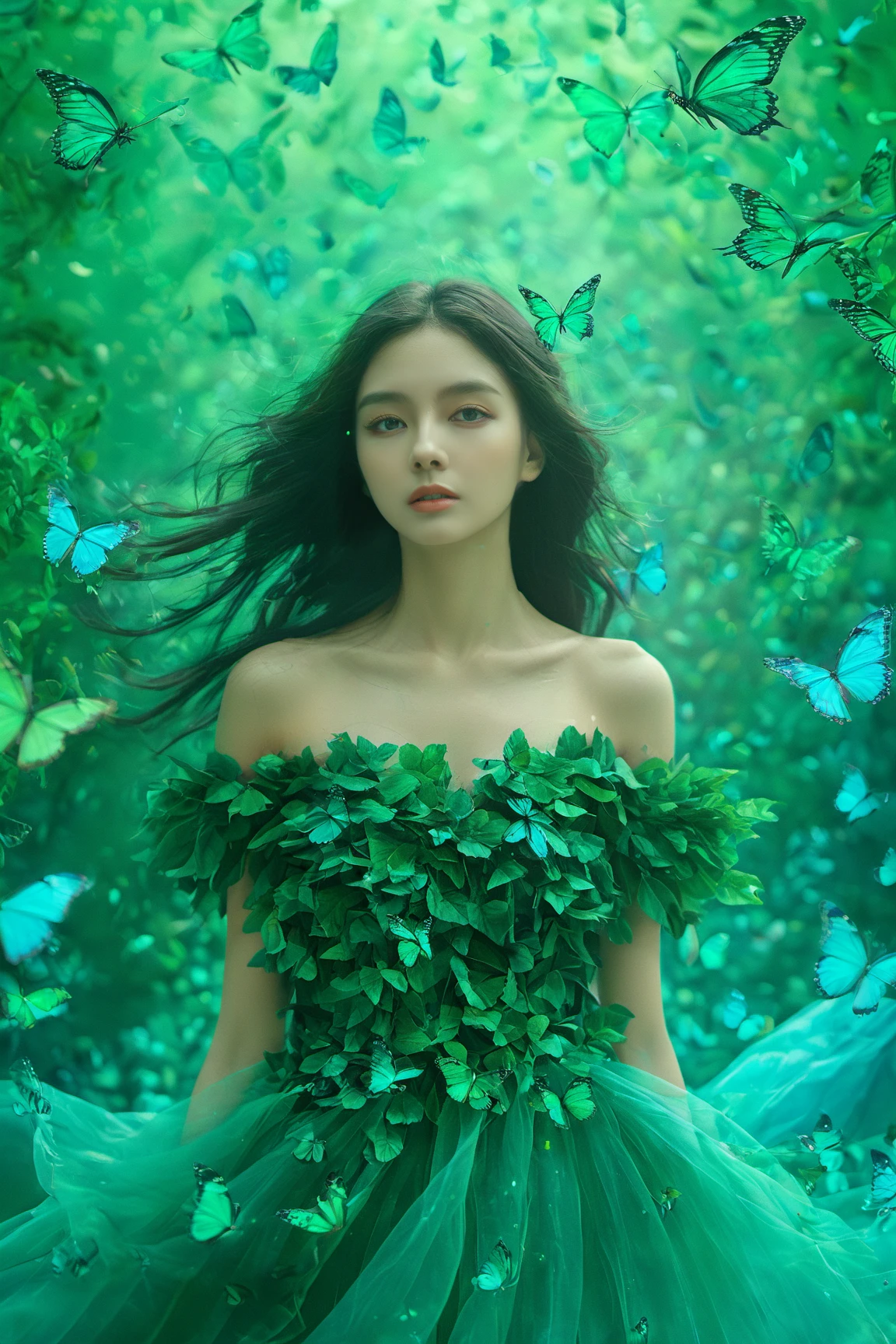 Shot of a mystical moment: A young woman with raven hair and leafy gown stands amidst a kaleidoscope of butterflies, their vibrant colors - turquoise, emerald, and gemstone hues - swirling around her like an aura. The lush green background whisks by in a soft focus blur, as she gazes intensely into the distance, lost in a serene, otherworldly reverie.<lora:EMS-411922-EMS:1.000000>