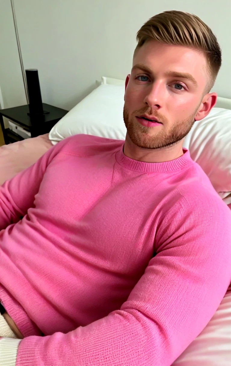 @mtthwlls1, Matthew Ellis, a man dressed in pink sweater is laying on a bed, male focus, solo, 1boy, male focus, facial hair, short hair, socks,  covering crotch, on back, lying,  ring, navel, white socks,  looking at viewer, beard,  wristwatch,  bulge, brown hair, bed, undercut, spread legs
<lora:aibfx4.sdxl:0.1><lora:@mtthwlls1.v2.matthew.ellis.character.sdxl_epoch_3:0.6>