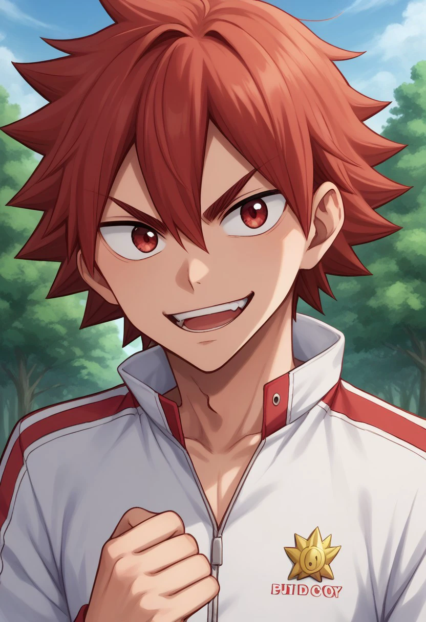 score_9, score_8_up, score_7_up, source_anime, highly detailed, 
naruko, male focus, 1boy, open mouth, solo, red hair, upper body, jacket, red eyes,
track jacket, spiked hair, clenched hands, teeth, looking at viewer, smile,
hair between eyes, long sleeves,
outdoor, sky, tree,