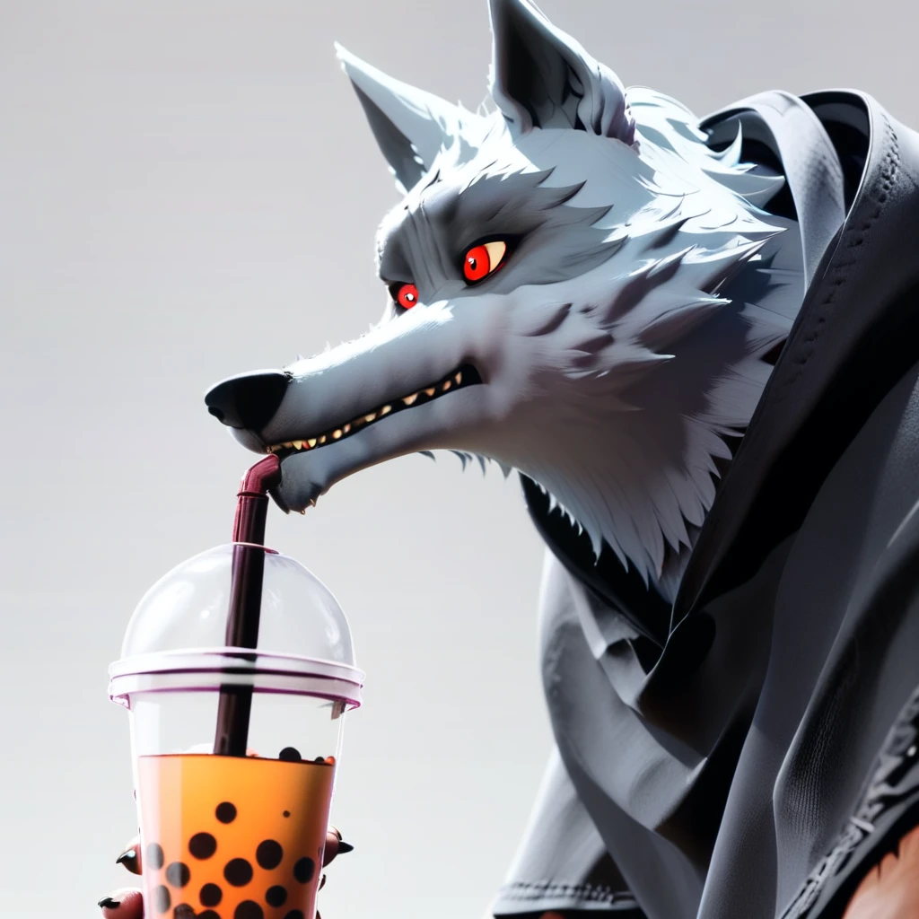 score_9, Death \(character\), wolf, 1boy, red eyes, drink bubble tea,