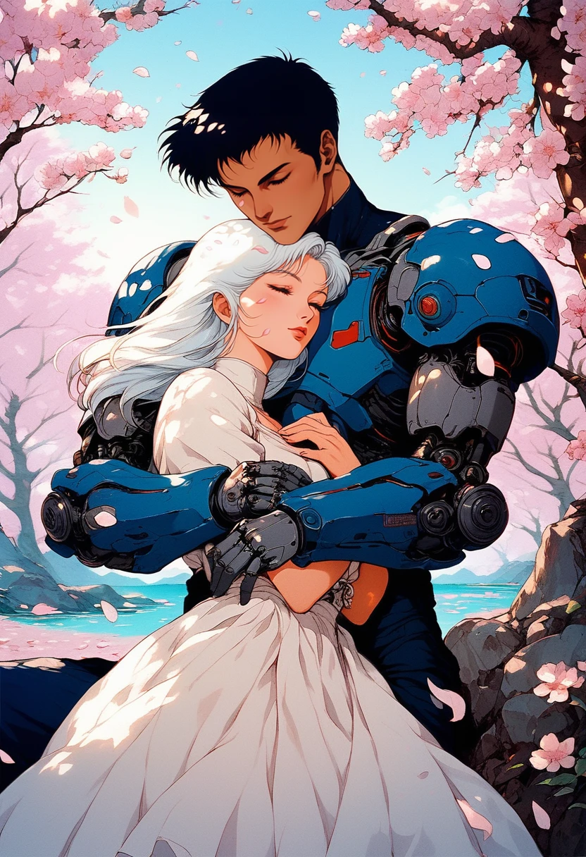 (score_9, score_8_up), score_7_up, 1girl, long hair, short hair, black hair, 1boy, manly, blue hair, white hair, hetero, outdoors, tanned skin, tree, petals, hug, cherry blossoms, science fiction, android, cyborg, sci-fi, fantasy, mechanical arms, dress, retro
 <lora:nostalgia-000011:0.8>