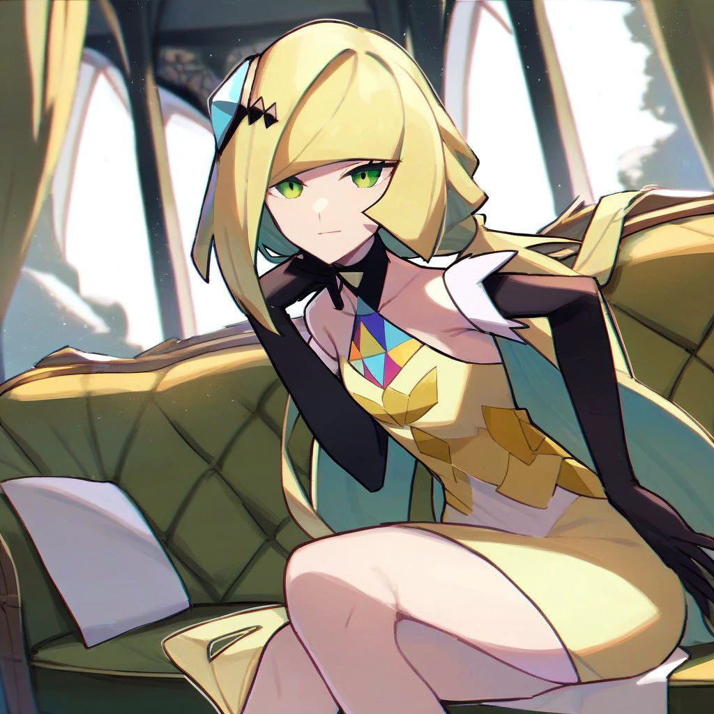 score_9,score_8_up,score_7_up,score_6_up,score_5_up,score_4_up, solo, 1girl, blonde hair, green eyes, long hair, ponytail, dress, sleeveless, gloves, hair ornament, elbow gloves, yellow dress, black gloves, indoors, sitting, couch, window, curtain,