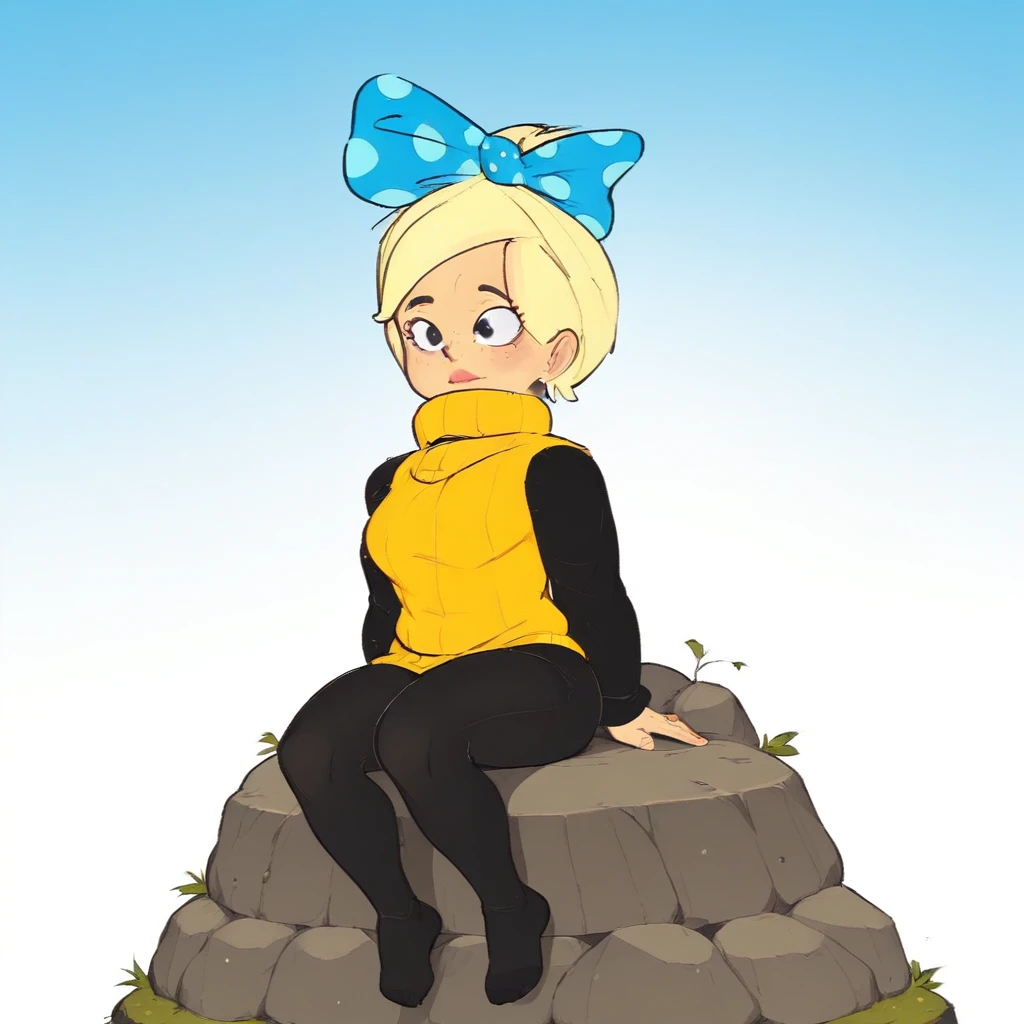 score_8_up, Barbara, 1girl, solo, blonde hair, short hair, black eyes, polka dot bow, hair bow, yellow turtleneck sweater, black sleeves, black leggings, <lora:BananaBarbara_PXL_Leaf1:1>, gradient background,  sitting on rock, outdoors,