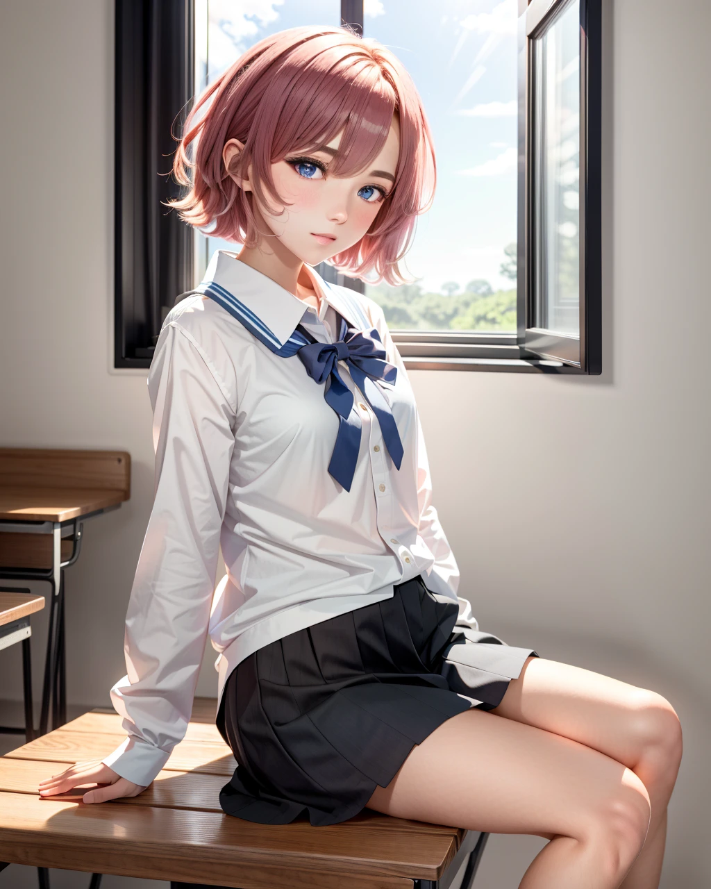 best quality,masterpiece,highly detailed,ultra-detailed, 
 <lora:neg9V2_last:0.7> 
arimura-mao, short hair, looking at viewer, solo, 1girl, blush, pink hair, purple eyes, blue eyes, school uniform,summer uniform, full body, cool girl,sitting, classroom, bench, window shade, 
 <lora:arimura-mao:1><lora:anime-minimalist:0.7> flower,