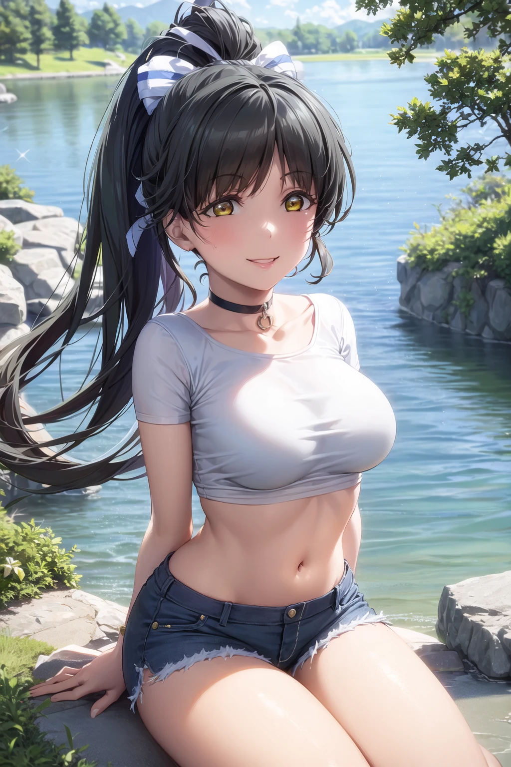 masterpiece, best quality, detailed, 1girl,hazuki ren, black hair, yellow eyes, (long hair:1.1), high ponytail, (hair ribbon:1.2), <lora:ren:1>, looking at viewer, large breasts, 
t-shirt, tied, t-shirt, navel, denim shorts, choker, cowboy shot, 
(sitting:1.2), (arms support), smile,
outdoors, lake, water, rocks, leaves, trees,  <lora:detail_slider_v4:0.4>,  <lora:GoodHands-vanilla:1>