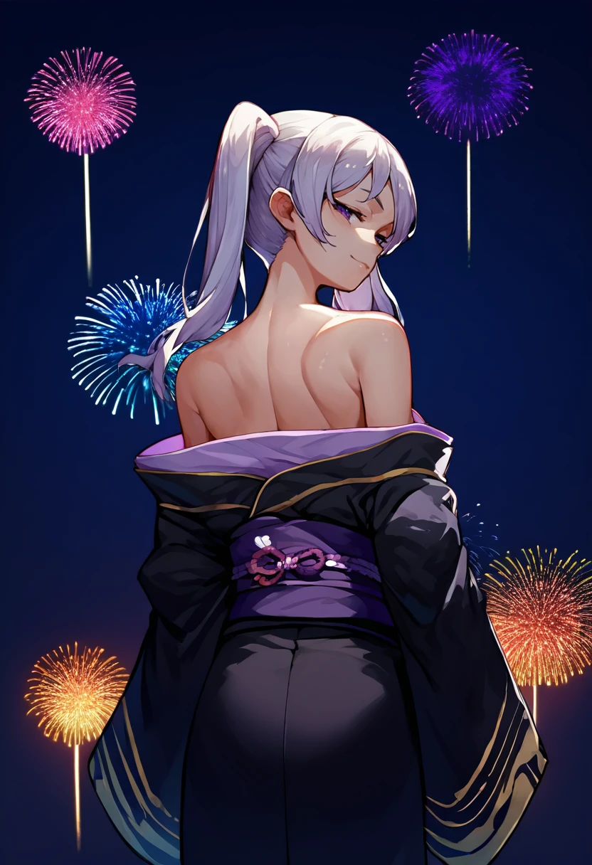 score_9, score_8_up, score_7_up, source_anime, from behind, solo, 1girl, femrobindef, smug, looking back, white hair, twintails, purple eyes, japanese clothes, black kimono, off shoulder, purple sash, bare shoulders, fireworks <lora:fireemblem_femrobin_ponyXL-000008:1>