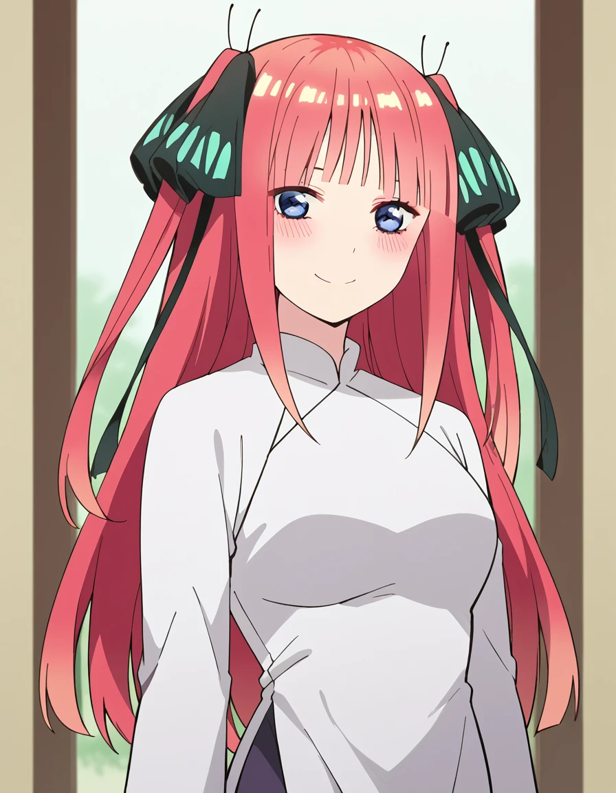 score_9, score_8_up, score_7_up, source_anime, ninonakano, <lora:nino-nakano-s2-ponyxl-lora-nochekaiser:1>, nino nakano, long hair, bangs, blue eyes, hair ornament, hair ribbon, pink hair, blunt bangs, two side up, butterfly hair ornament, mature female,, <lora:vietnamese-dress-ponyxl-lora-nochekaiser:1>, vietnamese dress, vietnamese clothes, rice hat,, indoors, smile, blush,, cowboy shot, dutch angle, looking at viewer,