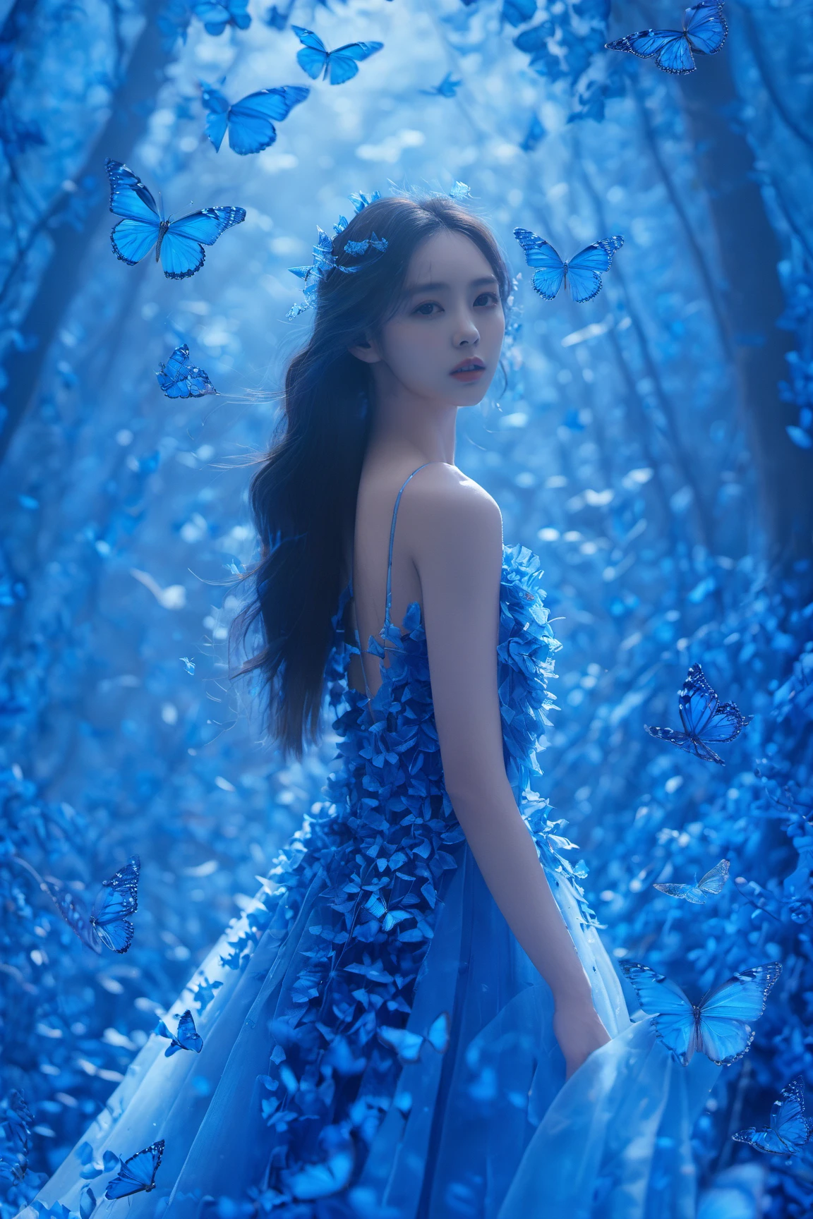 A young woman surrounded by a myriad of vibrant blue butterflies. She is adorned in a gown that mirrors the hues of the butterflies, with intricate patterns and embellishments. The backdrop is a mesmerizing blue forest, illuminated by a soft, ethereal light. The woman's gaze is distant, and her hair flows freely, suggesting a sense of freedom and wonder.<lora:EMS-411922-EMS:1.000000>