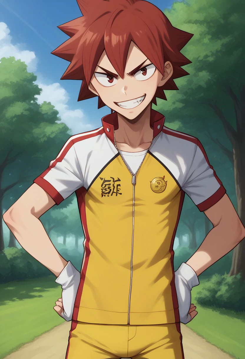 score_9, score_8_up, score_7_up, source_anime, highly detailed, slender, skinny,
naruko, solo, smile, 1boy, male focus, gloves, upper body red eyes, red hair, spiked hair, looking at viewer, standing, fingerless gloves, grin, bike shorts, hands on hips, short sleeves, short hair, teeth, white gloves, shorts, yellow shorts, yellow shirt, v-shaped eyebrows,
outdoor, sky, tree,