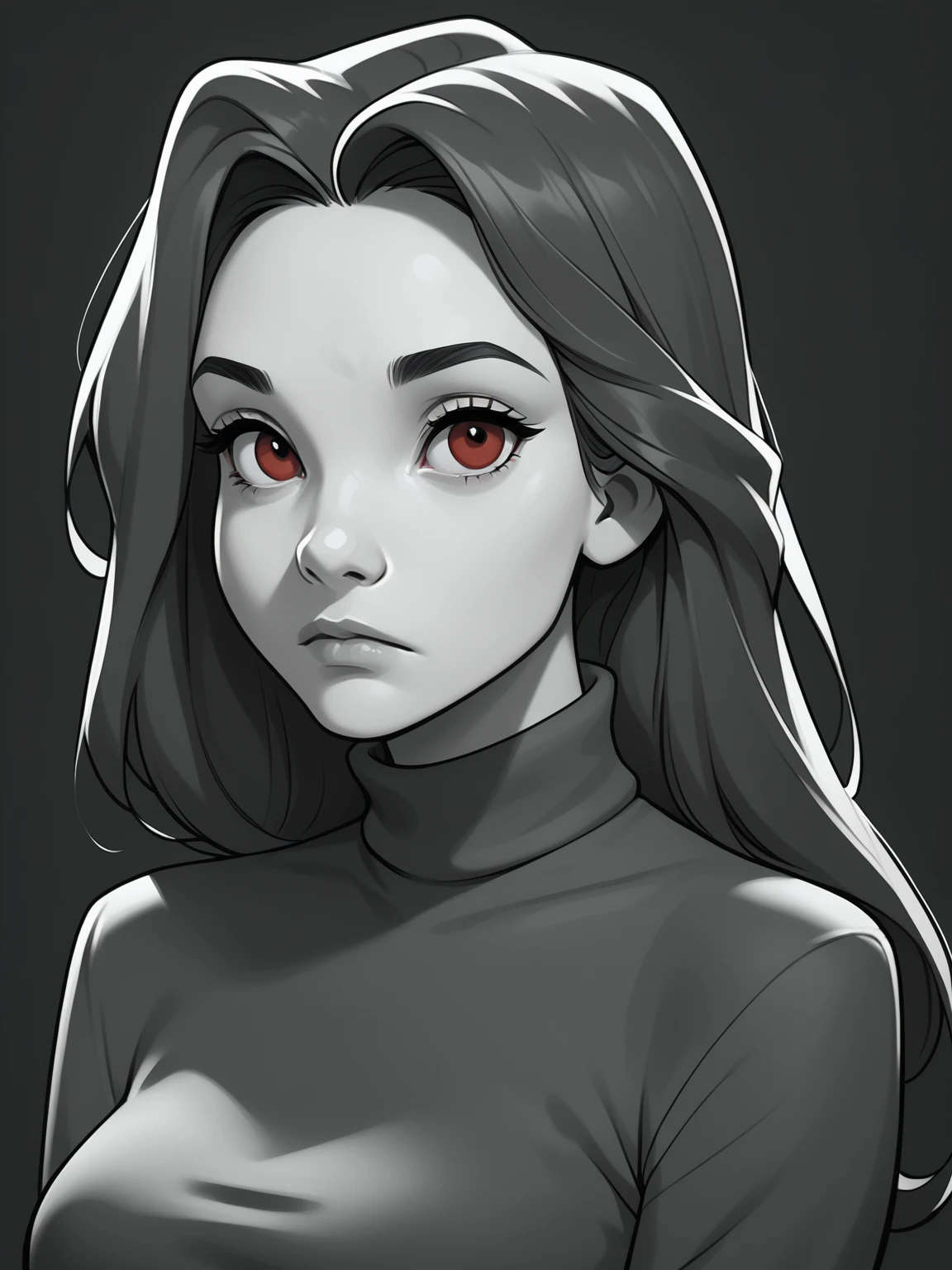 score_9, score_8_up, score_7_up, score_6_up, score_5_up, score_4_up, monochrome, black background, portrait,
<lora:xgrl03:1>, 1girl, xgrl, long hair, black hair, red eyes, looking at viewer, expressionless,
solo, black pullover, turtleneck, long sleeves,