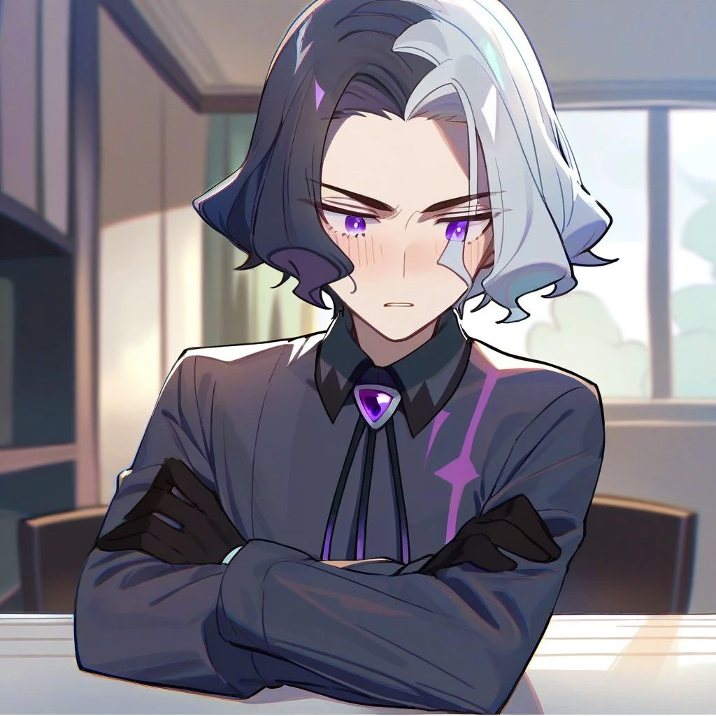 score_9,score_8_up,score_7_up,score_6_up,score_5_up,score_4_up, solo, 1boy, male focus, short hair, white hair, black hair, two-tone hair, multicolored hair, purple eyes, black gloves, jewel, brooch, black shirt, black pants, collared shirt, long sleeves, crossed arms, blush , sitting, indoors, chair, window, curtain, looking down ,table