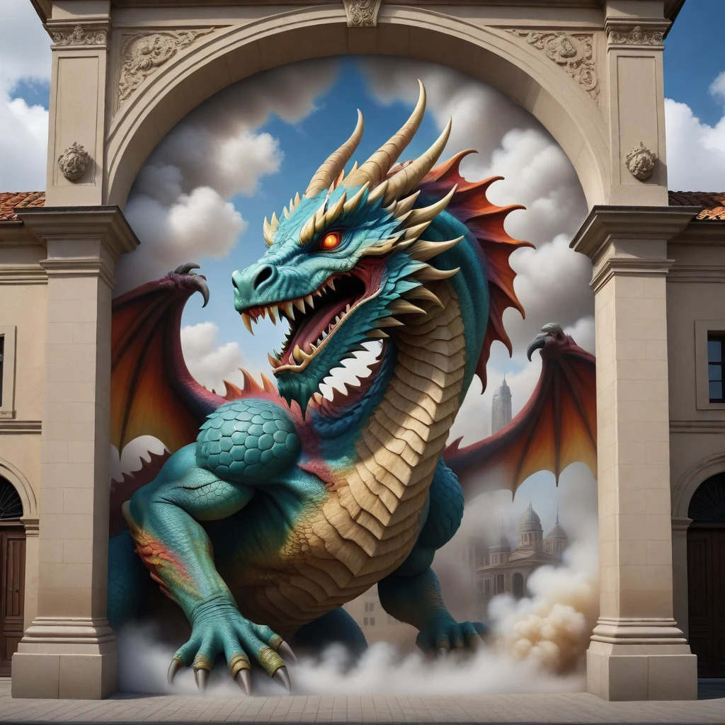 (Trompe_l_œil1_photogrammetry :1.5) mural depicting a colossal dragon clawing its way through the side of a building, its scales shimmering in realistic colors, with smoke billowing from its nostrils and merging into the cloudy sky above.
