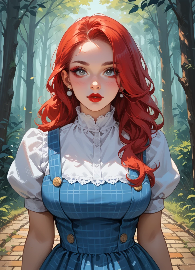 score_9, score_8_up, score_7_up, score_6_up, score_5_up, score_4_up, 1girl, solo, long red hair, makeup, lipstick, hud_drthy_drss, blue dress, pinafore dress, short puffy sleeves, plaid, <lora:dg-000008:0.6>, forest, dark, night, large breasts, sexy, upper body, yellow brick road