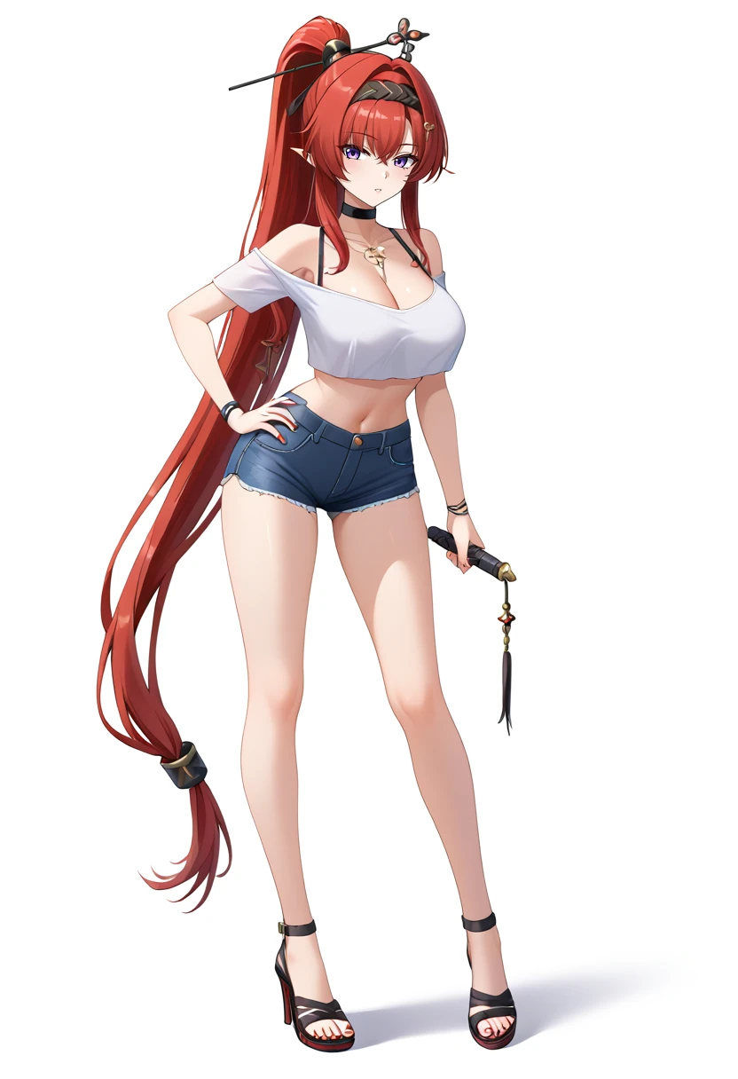 1girl, solo, long hair, breasts, bangs, large breasts, simple background, shirt, hair ornament, white background, navel, holding, cleavage, bare shoulders, jewelry, very long hair, standing, purple eyes, full body, white shirt, ponytail, red hair, shorts, choker, pointy ears, midriff, high heels, crop top, hand on hip, legs, short shorts, bare legs, black choker, sandals, denim, red nails, toenails, denim shorts, toenail polish, cutoffs, doll, Yinlin <lora:SDXL_Hyper:1>  <lora:Timm_Style_XL:1> <lora:StaC_un:1>