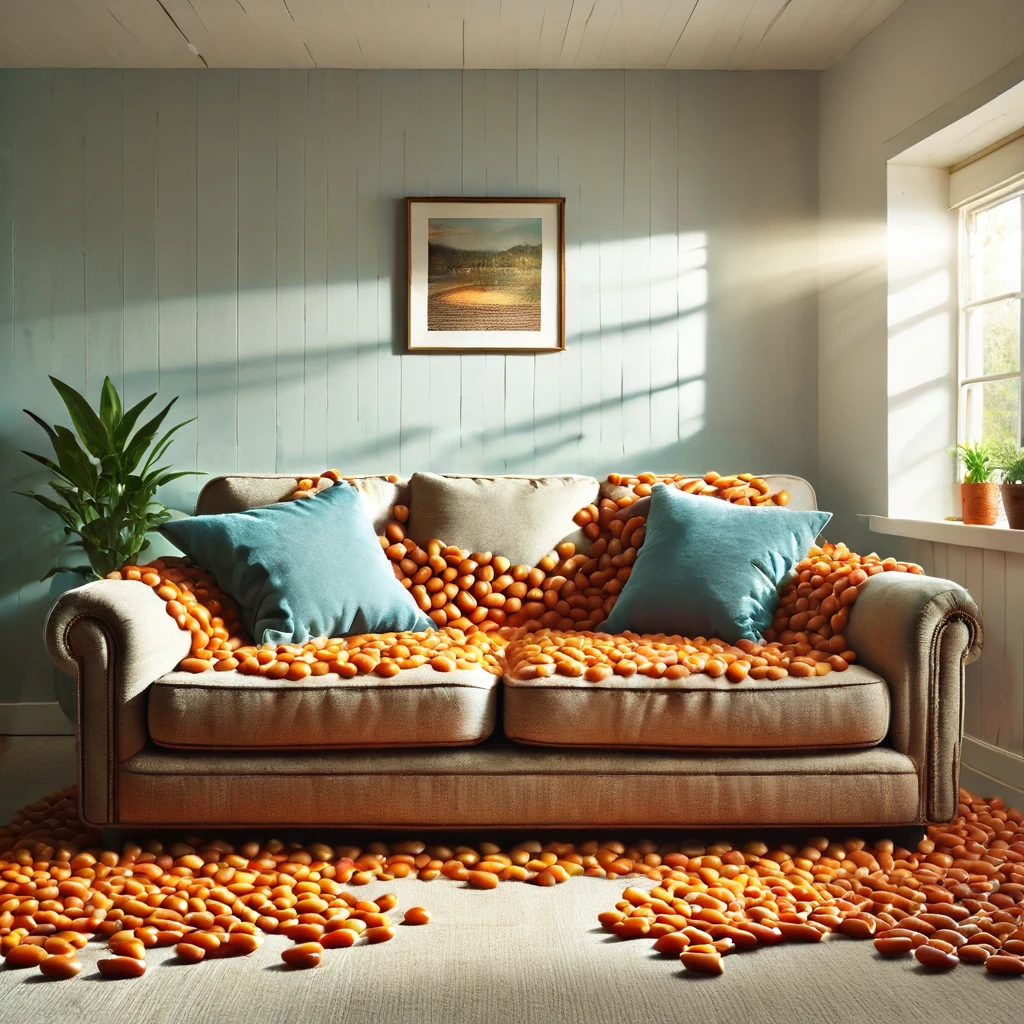 A couch full of beans., couch, living room, window, sunlight, ambience, <lora:beans:1>