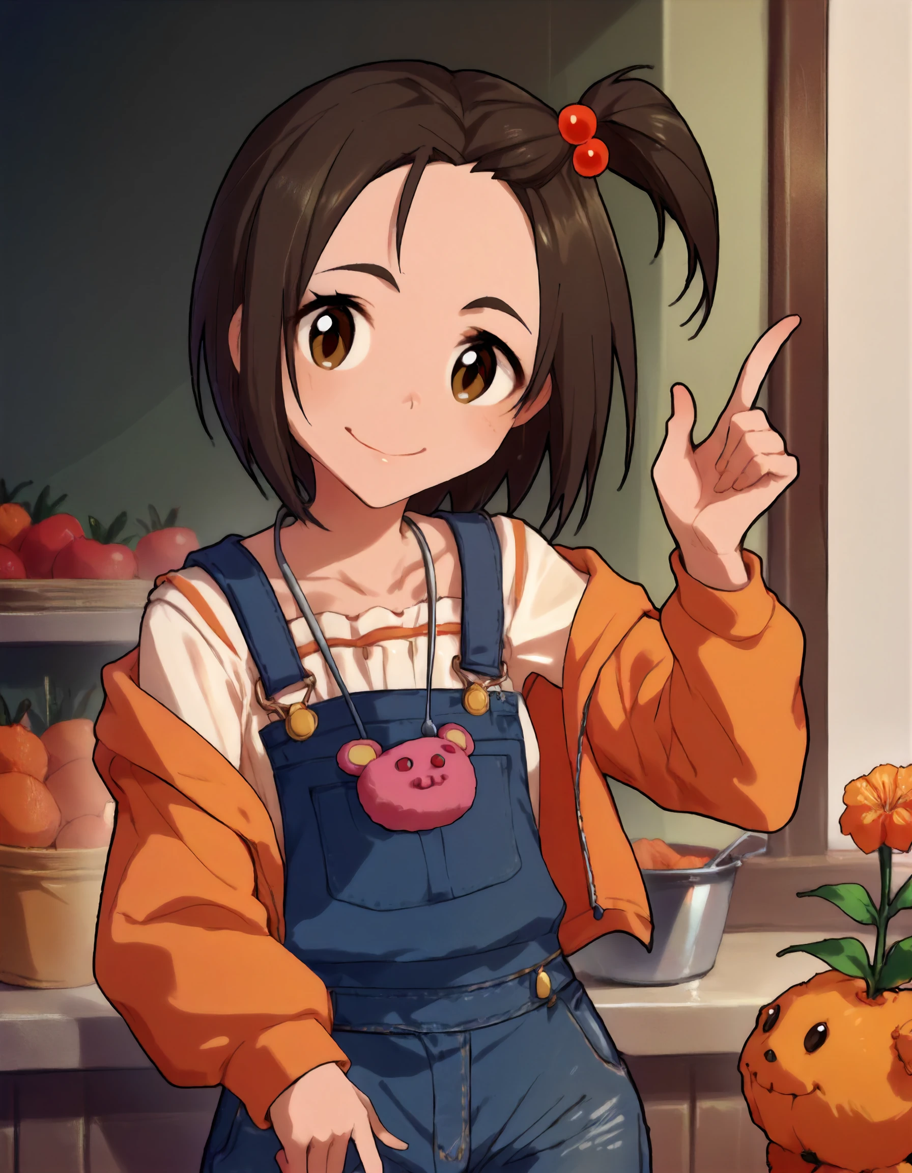 score_9,score_8_up,score_7_up,1girl,solo,cowboy shot,looking at viewer,smile,
<lora:yanasemiyuki_ponyXLV6:0.8>,cgymy,brown hair,short hair,one side up,hair bobbles,brown eyes,overalls,orange hoodie