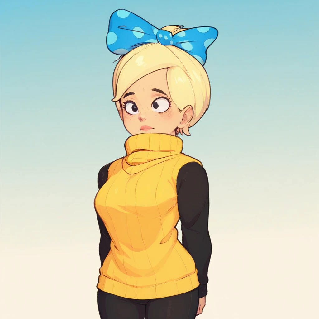 score_8_up, Barbara, 1girl, solo, blonde hair, short hair, black eyes, polka dot bow, hair bow, yellow turtleneck sweater, black sleeves, black leggings, <lora:BananaBarbara_PXL_Leaf1:0.8>, gradient background,  cowboy shot, arms at sides,