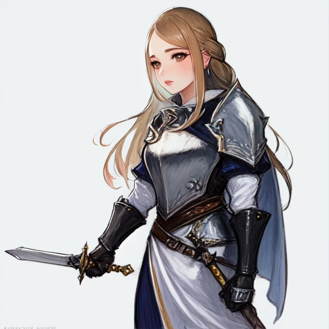 cowboy shot, solo, <lora:gloriaBravelyDefault2:0.9>, gloria_neu_musa, long hair, blonde hair, brown eyes, earrings, braid, shoulder pads, armor, knight, metal bracers, scabbard, sword, sword hilt, belt, chainmail, standing, simple background, highres, Digital art, trending on artstation, best quality, insanely detailed, masterpiece, stunning environment, wide-angle,