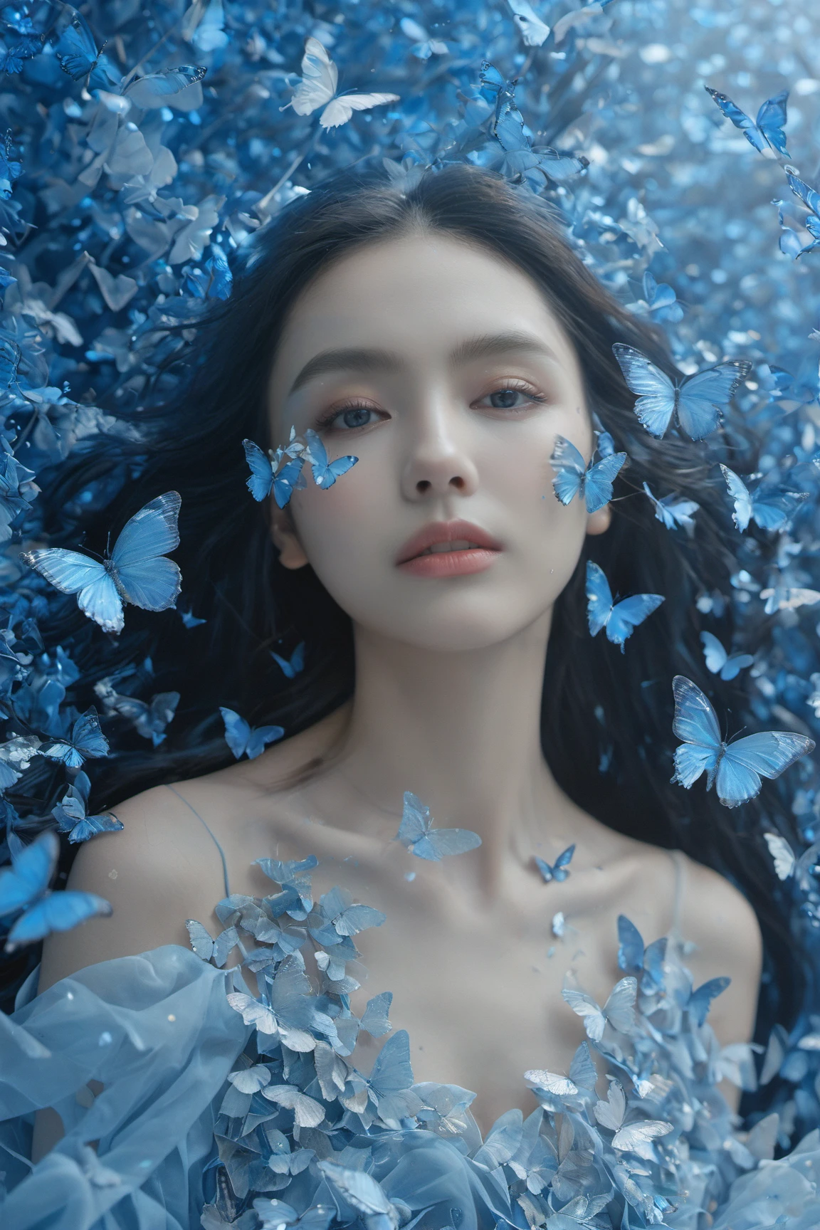 A young woman with her eyes closed, surrounded by a myriad of delicate butterflies. She is adorned with shimmering silver leaves that seem to emanate from her body, giving her an ethereal appearance. The backdrop is a blend of soft blues and whites, creating a dreamy ambiance. The butterflies are scattered around her, some hovering close to her face, while others flutter in the distance.,xxmixgirl<lora:EMS-411922-EMS:0.800000>