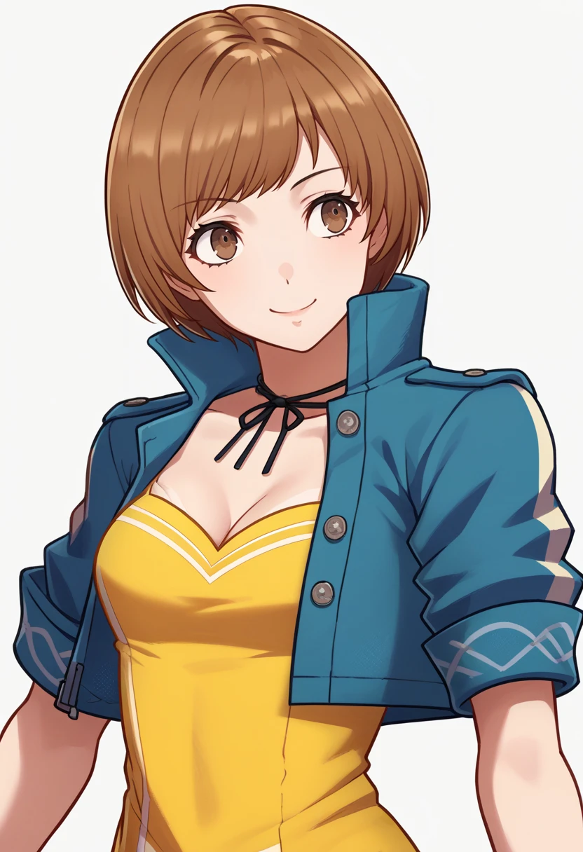 score_9, score_8_up, score_7_up, source_anime BREAK 1girl, solo,
<lora:zs_EngagePortraitsXL:1> engageportraits, portrait, white background
<lora:zs_ChieXL:1>  chietimeskip, brown hair, medium hair, brown eyes, blue jacket, cropped jacket, yellow dress, cleavage, black pantyhose, smile, plain background