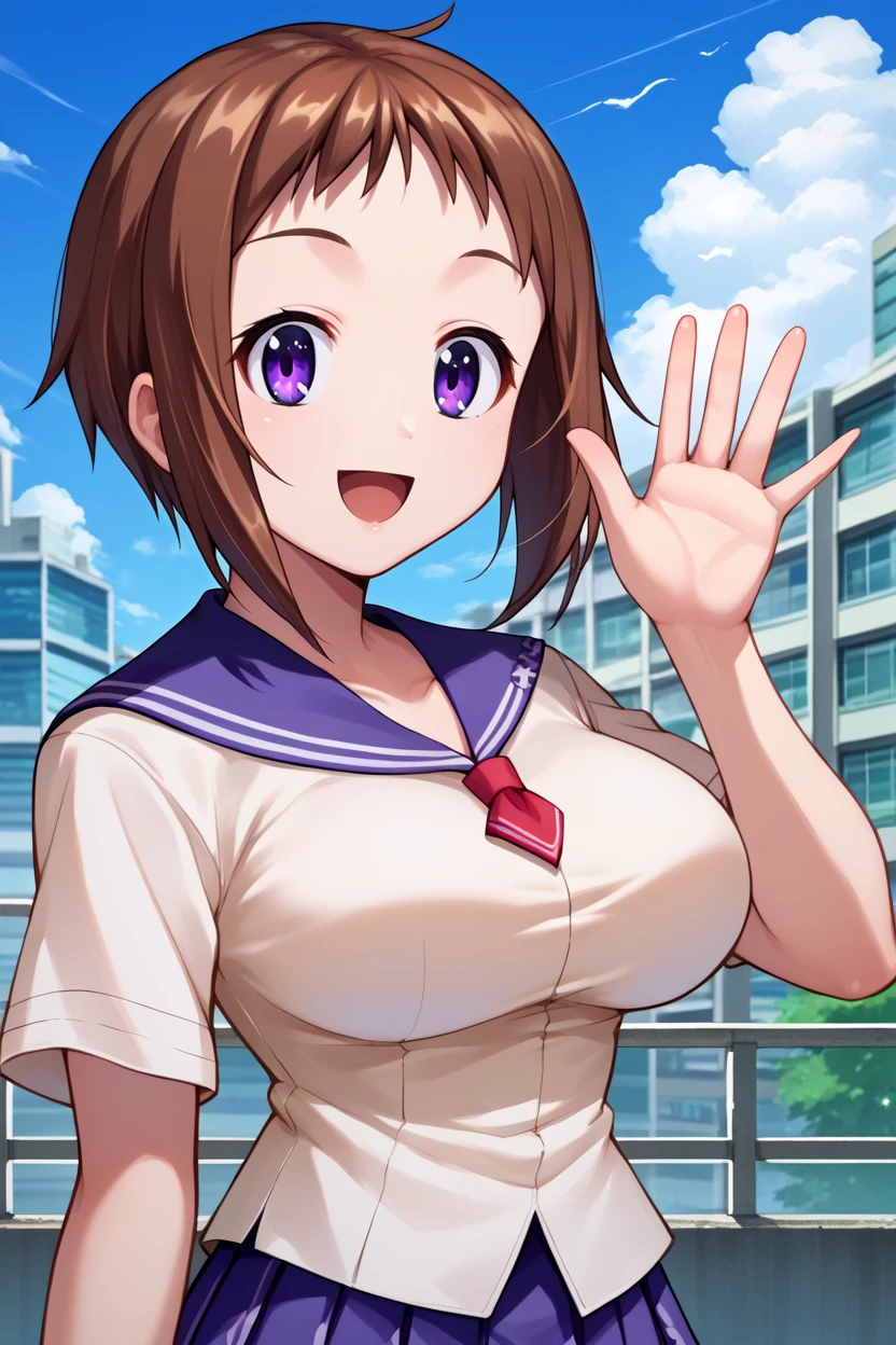 score_9, score_8_up, score_7_up, score_6_up, source_anime BREAK 1girl, solo  <lora:wakanaui-pdxl-nvwls-v1-000005:1> wakanaui, brown hair, short hair, serafuku, short sleeves, white shirt, blue skirt, large breasts, looking at you, happy, blue sky, clouds, city, upper body, hand up, waving