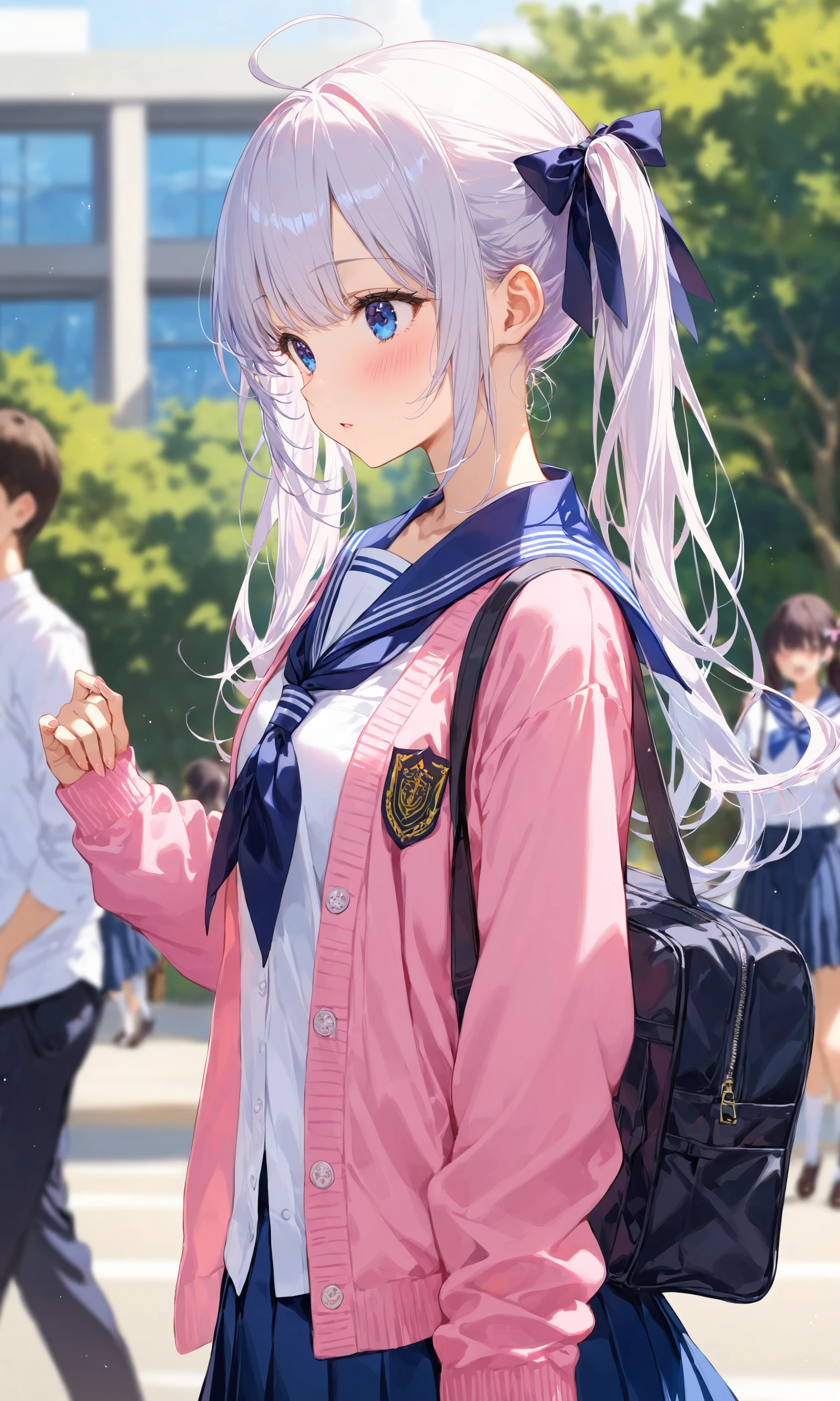 1girl, long hair, blush, blue eyes, skirt, shirt, long sleeves, ribbon, twintails, school uniform, hair ribbon, white shirt, ahoge, white hair, pleated skirt, open clothes, serafuku, solo focus, sailor collar, bag, blurry, from side, blue skirt, black ribbon, cardigan, blue sailor collar, school bag, pink jacket, open cardigan, pink cardigan
masterpiece, best quality, score_9, score_8_up, score_7_up, ultra-detailed, Best-A, Medium-B, Low-C, Bad-D,