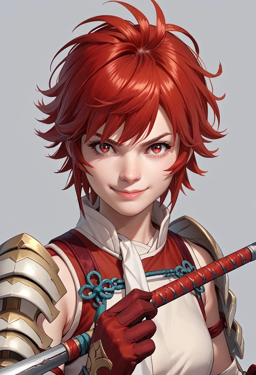 EnD_Hinoka, 1girl, armor, gloves, holding, holding weapon, looking at viewer, over shoulder, polearm, red eyes, red gloves, red hair, short hair, simple background, smile, solo, upper body, weapon, BREAK  score_9, score_8_up, score_7_up, score_6_up, score_5_up, score_4_up,