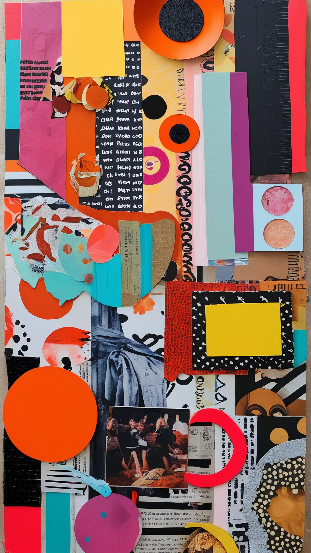 mixed media collage, vibrant colors, magazine cutouts, textured layers, abstract composition, diverse materials, playful and chaotic, expressive and bold, blending different elements, creative and unique