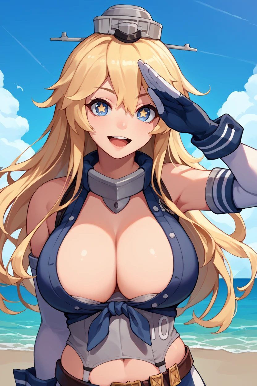 score_9, score_8_up, score_7_up, score_6_up, source_anime BREAK 1girl, solo <lora:iowa-pdxl-nvwls-v1-000005:1> defIowa, blonde hair, headgear, star-shaped pupils, cleavage, front-tie top, striped miniskirt, belt, garter straps, elbow gloves, blue fingerless gloves, mismatched legwear, large breasts, blue sky, ocean, looking at you, happy, salute, upper body