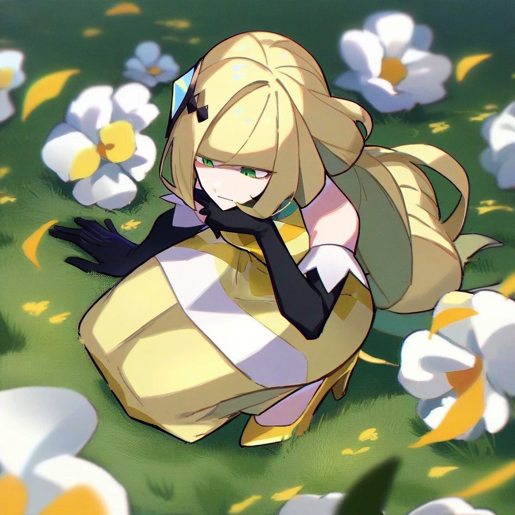 score_9,score_8_up,score_7_up,score_6_up,score_5_up,score_4_up, solo, 1girl, blonde hair, green eyes, long hair, ponytail, dress, sleeveless, gloves, hair ornament, elbow gloves, yellow dress, black gloves, squatting, yellow footwear,  hugh heels, grass, on grass, looking down, flower, yellow flower, outdoors