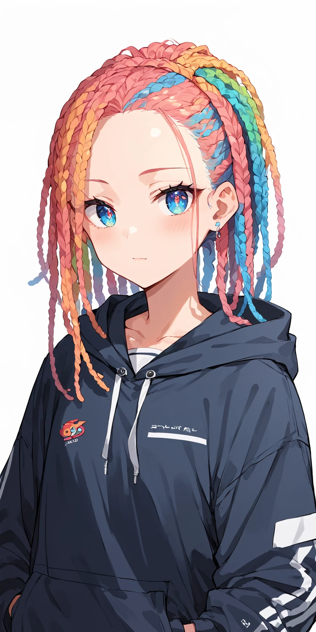 score_9, score_8_up, score_7_up,source_anime, high res image,masterpiece,best quality,girl,cute face,clear skin,shiny hair,ultra detailed eyes,simple background , <lora:dreadlocks_pony_V1.0:1> dreadlocks,colorfull hair <lora:hoodie_pony_V1.0:1> jyojifuku, hood