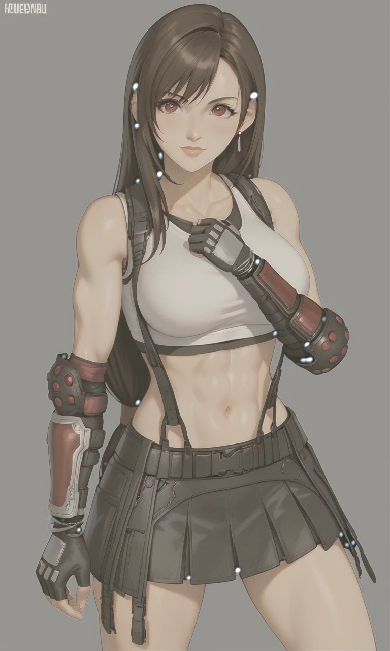 Tifa Lockhart, Final Fantasy VII, Long Black Hair, Bangs, Brown Eyes, Delicate Face, Athletic and Toned, Medium Height, Large Breasts, Tight White Top, Black Suspenders, Short Black Skirt, Black and Red Combat Gloves, Red Combat Boots, Brown Belt