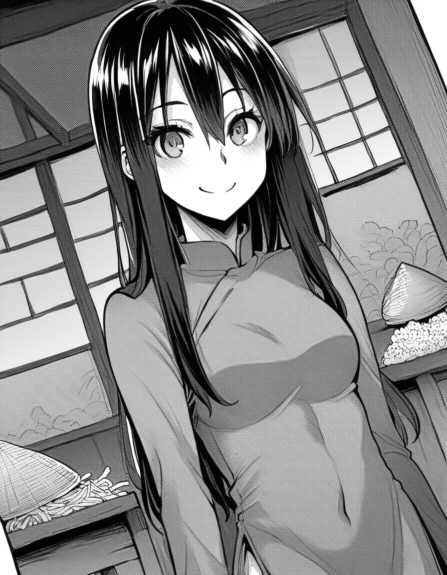 score_9, score_8_up, score_7_up, source_anime, sakiyoshida, <lora:saki-yoshida-manga-ponyxl-lora-nochekaiser:1>, saki yoshida, long hair, hair between eyes, monochrome, greyscale, black hair,, <lora:vietnamese-dress-ponyxl-lora-nochekaiser:1>, vietnamese dress, vietnamese clothes, rice hat,, indoors, smile, blush,, cowboy shot, dutch angle, looking at viewer,