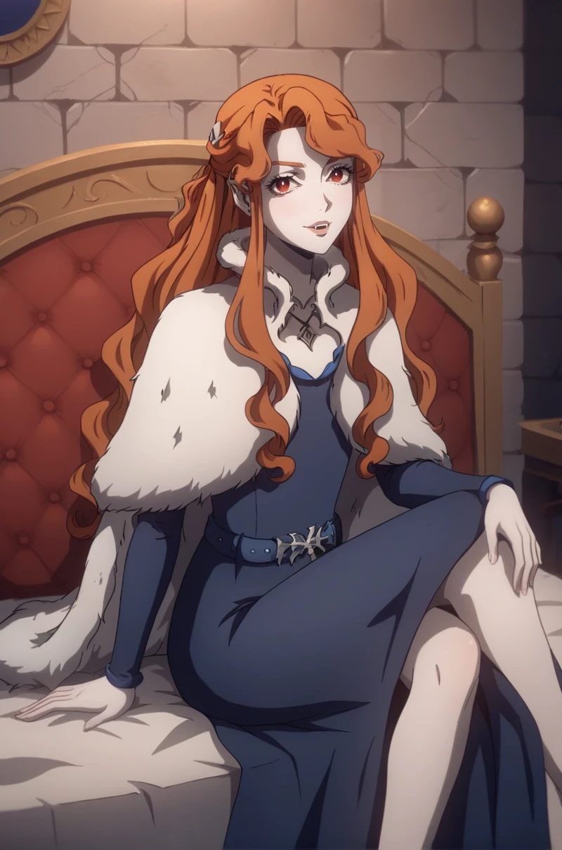 score_9, score_8_up, score_7_up, score_6_up, score_5_up, score_4_up, BREAK source_anime, 1girl,
<lora:LenoreXL-v1-07:0.7>, ChopioLenore, orange hair, long hair, wavy hair, sidelocks, half updo, hair ornament, red eyes, lips, looking at viewer,
vampire, colored skin, white skin,
outfit_1, heart necklace, earrings, fur cape, blue dress, long sleeves, blue belt, long dress, 
bedroom, bed, seductive smile, stone walls, parted lips, fang, sexy pose, on bed, sitting, crossed legs,