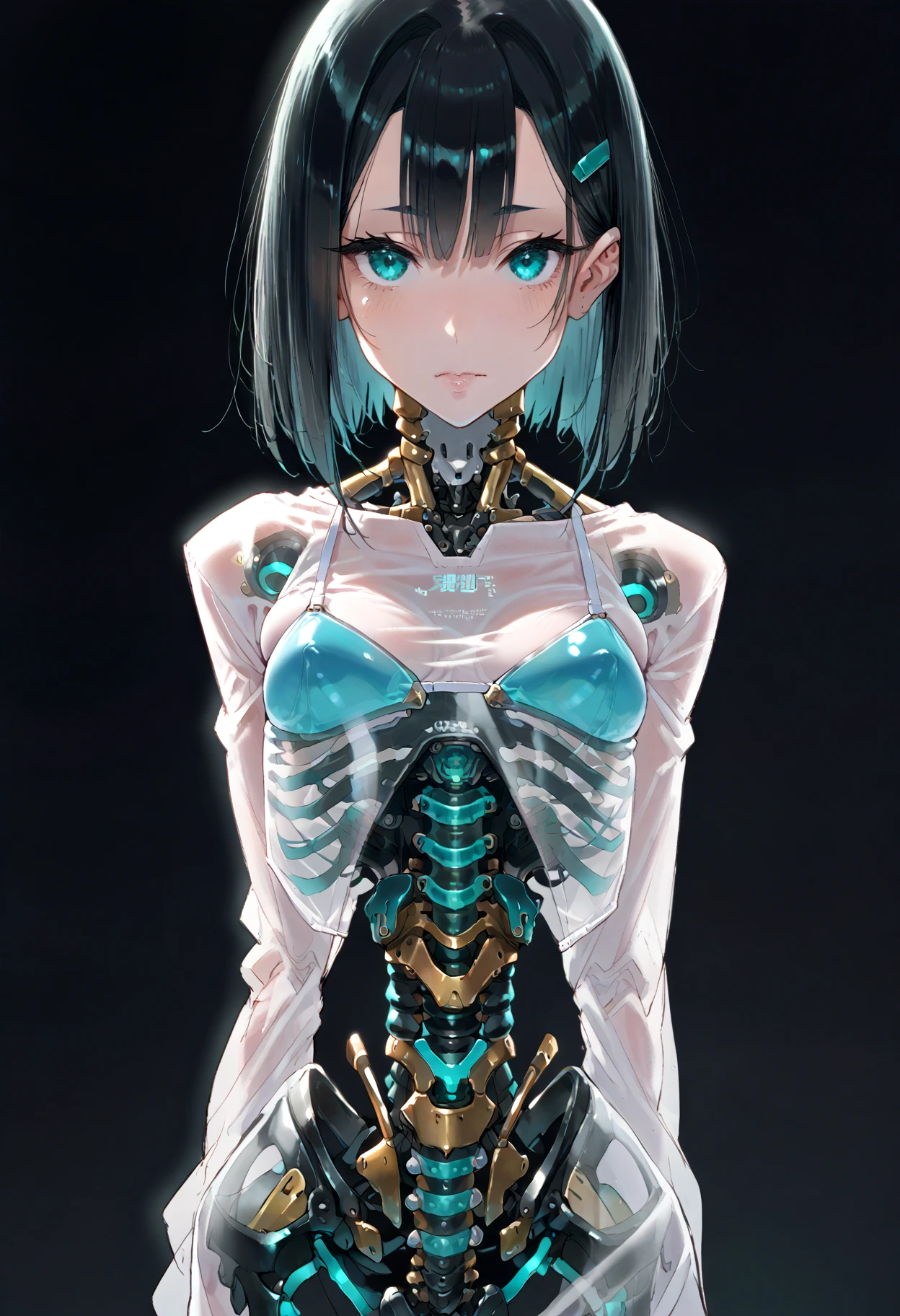 score_9, score_8, score_7_up, 1girl, solo, android, aqua eyes, black hair, glowing, looking at viewer, mechanical parts, mechanical spine, medium hair, ribs, science fiction, see-through body, skeletal body, slime \(substance\), spine, translucent, transparent <lora:concept_mechanical spine android_merge_PonyXL_D128-A1_LoCon:0.4>