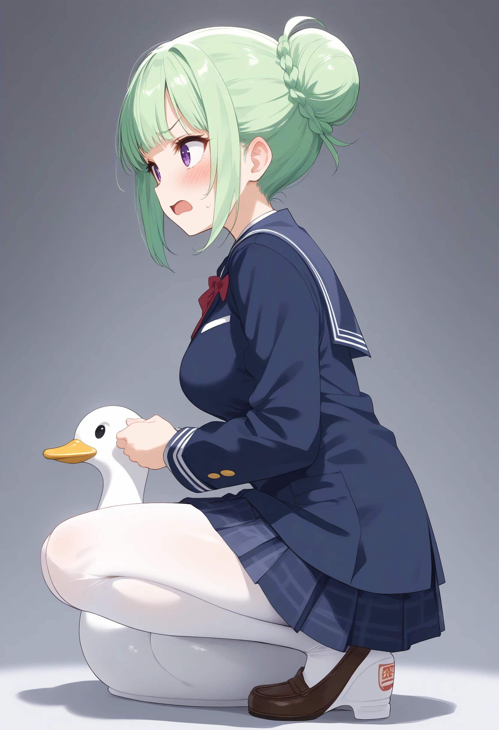 1girl,medium breasts,school uniform,
potty,  <lora:potty_Pony_v1:0.8>
duck,squatting,sitting,toilet, spread legs,holding, white pantyhose,
from side, fisheye lens, looking ahead, green hair, purple eyes,embarrassed, open mouth, hair bun hair,