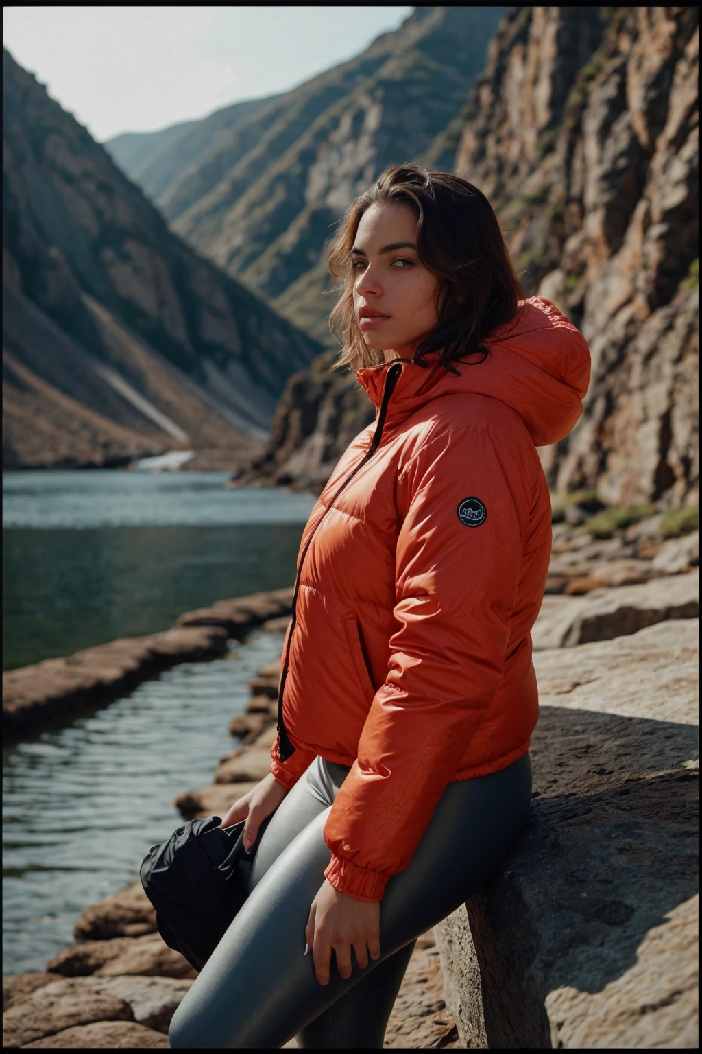 a woman wearing puffer jacket and leggings, (hidden waterfall, secluded oasis, untouched beauty, serenity:0.6), (cinematic lighting:0.4) <lora:[PR]_-_Priscilla_Huggins_Ortiz:1> mt-priscilla, RAW candid cinema, 16mm, color graded portra 400 film, remarkable color, ultra realistic, textured skin, remarkable detailed pupils, realistic dull skin noise, visible skin detail, skin fuzz, dry skin, shot with cinematic camera