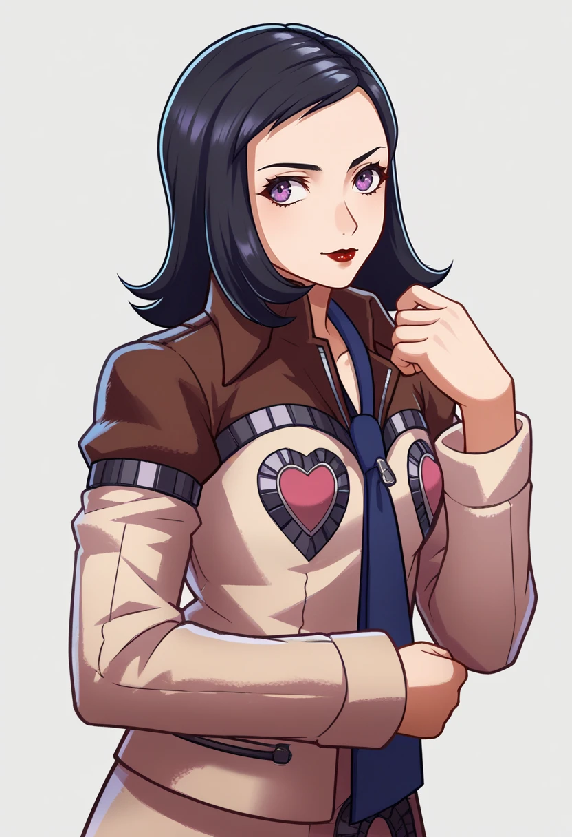 score_9, score_8_up, score_7_up, source_anime BREAK 1girl, solo,
<lora:zs_EngagePortraitsXL:1> engageportraits, portrait, white background
<lora:zs_MayaXL:1> mayap2, medium hair, black hair, purple eyes, lipstick, jacket, hearts, blue necktie,