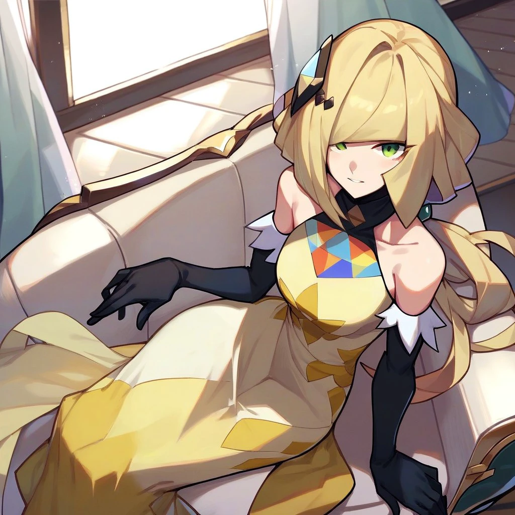 score_9,score_8_up,score_7_up,score_6_up,score_5_up,score_4_up, solo, 1girl, blonde hair, green eyes, long hair, ponytail, dress, sleeveless, gloves, hair ornament, elbow gloves, yellow dress, black gloves, indoors, sitting, couch, window, curtain,