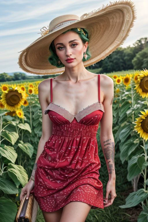 DEN_avrora_stylerotica,
walking through a field of sunflowers wearing a (summer dress:1.3) and sun hat, field, sunflowers, summer, scenic,
bokeh, f1.4, 40mm, photorealistic, raw, 8k, textured skin, skin pores, intricate details <lora:epi_noiseoffset2:1>, epiCRealism