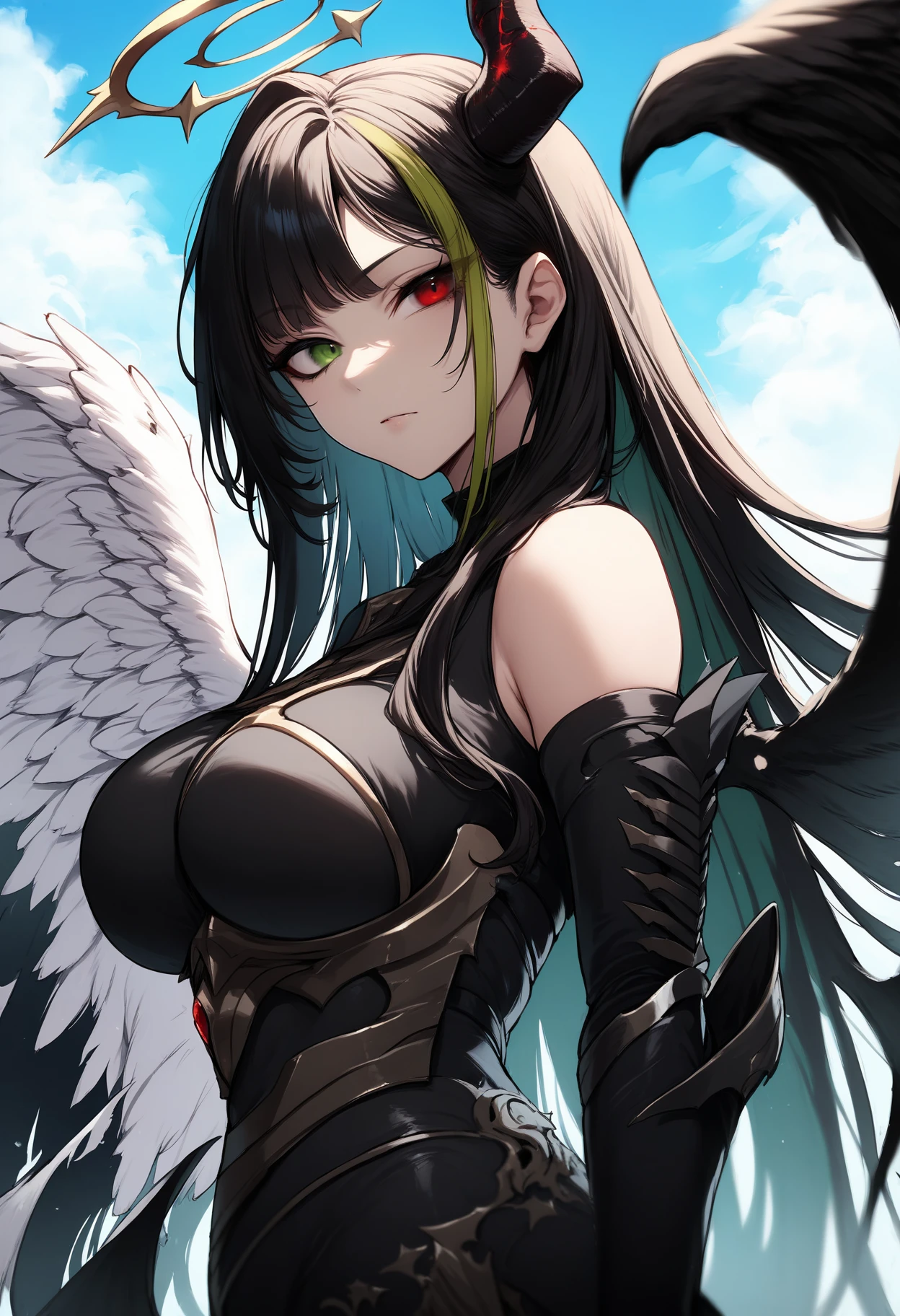 young girl, Long black hair, Fox ears, red eyes, smirk, Decepticon armor, Starskrim, open shoulders, open breasts, smirk, wings, Masterpiece, highly quality