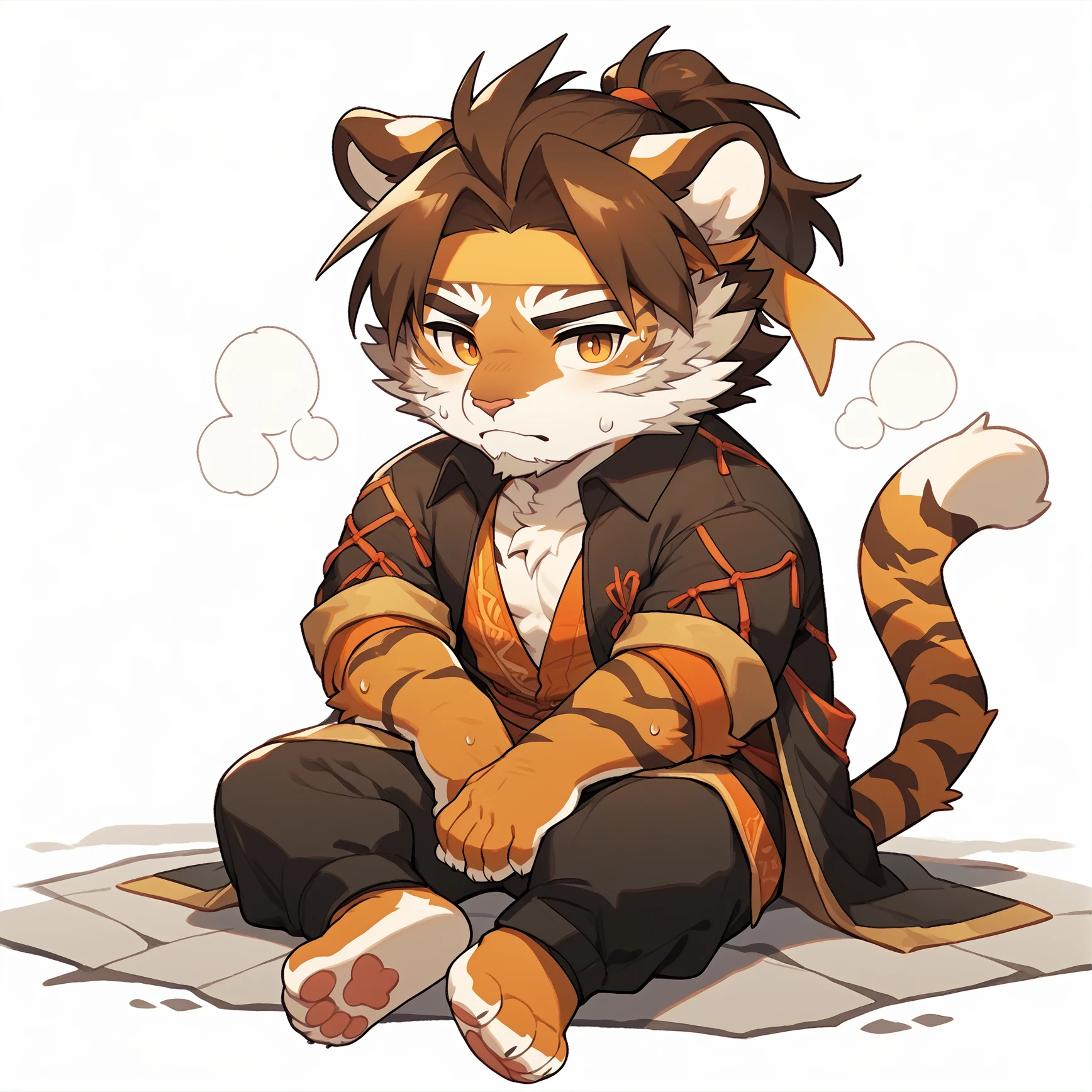 score_9,score_8 up,score_7 up,score_6 up,score_furry,
æ§å¤©è£´,manthro,tiger,solo,male,felid,black clothes,brown hair,striped fur,twitch emote,chibi,cute,striped body,yellow tur,banhair,fur,countershading,stripes,white background,clothed,sitting,orange fur,white body,sweat,aged up,looking at viewer,full body,<lora:Huai_Tianpei_XL_Pony_1-000010:0.8>,<lora:NijiEmotePDXL:0.8>,