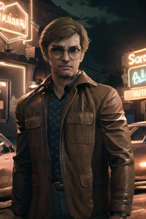 1boy, male focus, russell adler, blonde hair, sunglasses, (scar), leather jacket, brown jacket, collared shirt, mouth hold, cigarette, outdoors, neon lights, 
BREAK, masterpiece, best quality, highres, realistic,
<lora:Adler:1.3>,