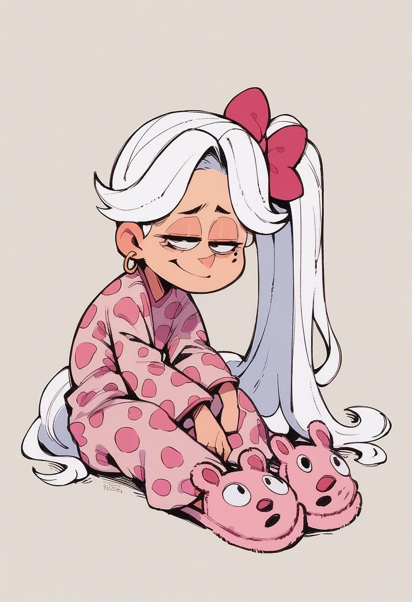 maria_mole, 1girl, solo, long hair, smile, bow, jewelry, very long hair, white hair, hair bow, earrings, side ponytail, pajamas, bear slippers, half closed eyes, tired eyes