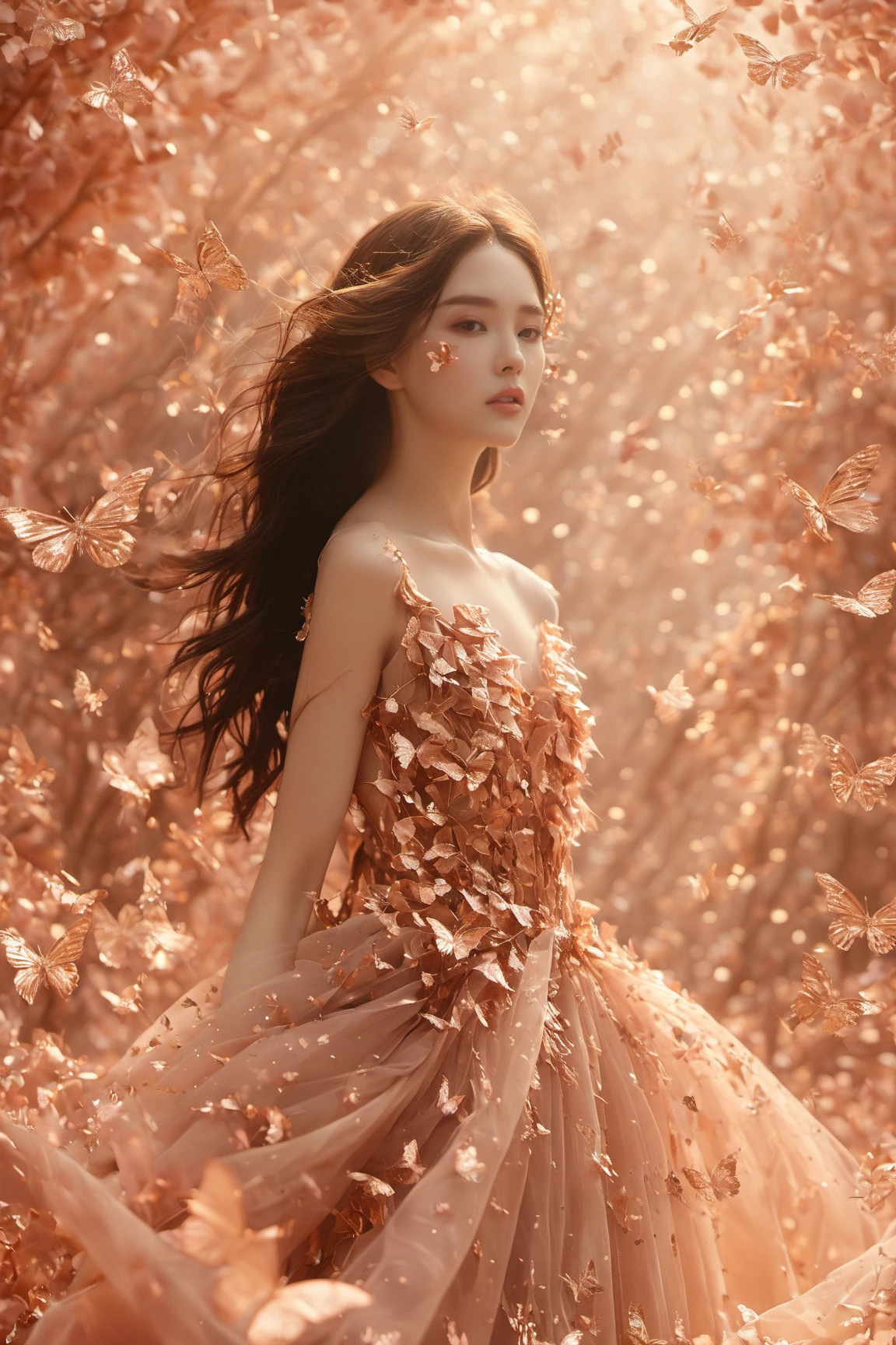 A woman surrounded by a myriad of rose gold butterflies. She wears a gown made of rose gold leaves, which flows gracefully around her. The backdrop is a rose gold-hued environment, possibly signifying a rose gold forest or a magical realm. The woman's long, wavy hair flows freely, complementing the ethereal ambiance of the scene.<lora:EMS-411922-EMS:1.000000>