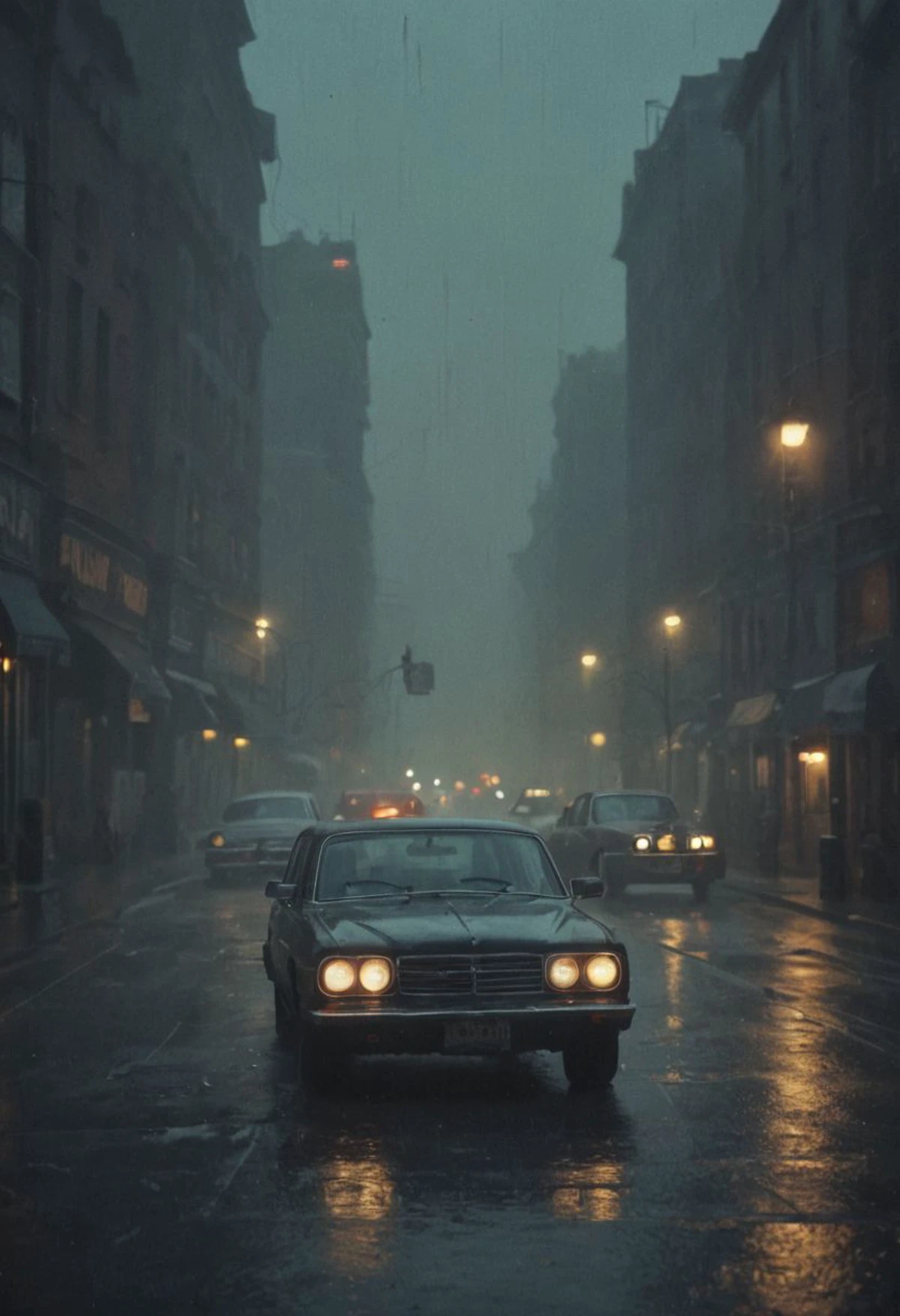 50s old noir cinema; New York, night, fog and rain, taxi cab; an old detective in a hat, smoking a cigarette; dramatic light, cinematic, dark, moody light, film grain, kodak film, old film colors, IMAX 135mm